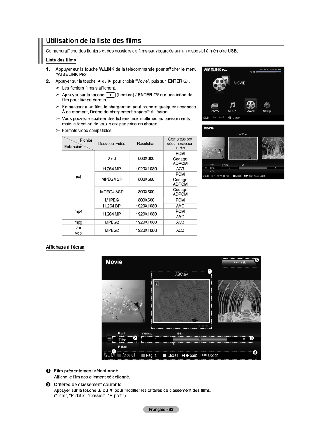 Samsung LN52A750R1F, LN46A750R1F, LN40A750R1F Utilisation de la liste des films, Liste des films, Film pour lire ce dernier 