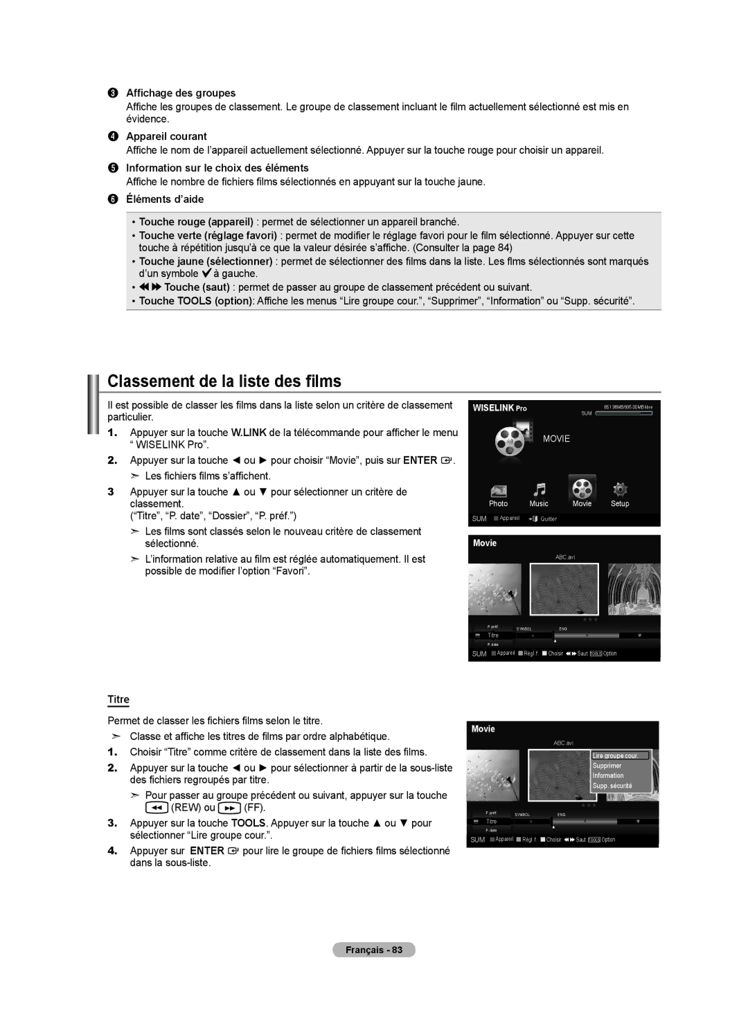 Samsung LN46A750R1F Classement de la liste des films, Affichage des groupes, Information sur le choix des éléments 