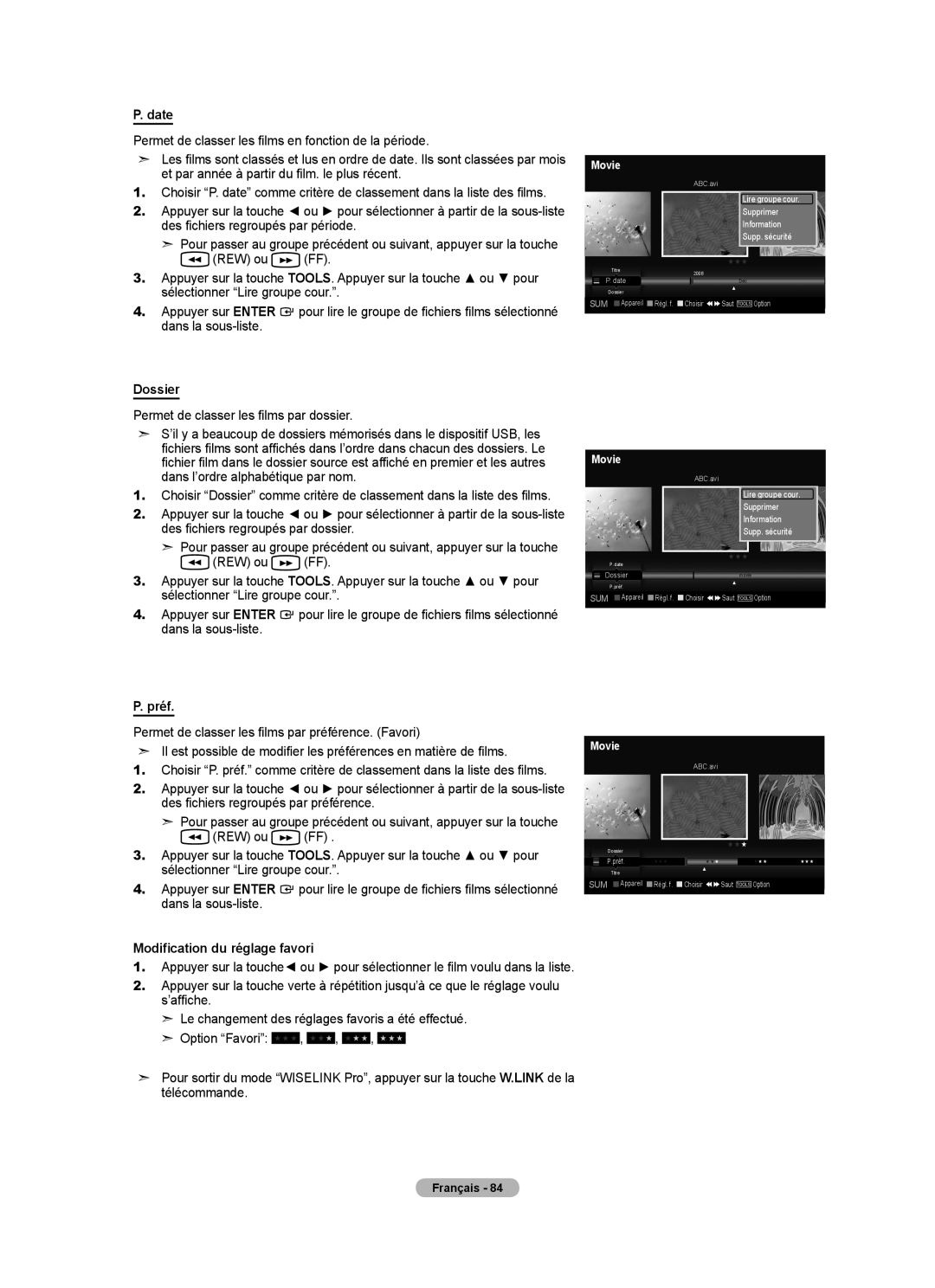 Samsung LN40A750R1F, LN52A750R1F, LN46A750R1F user manual Date, Modification du réglage favori 