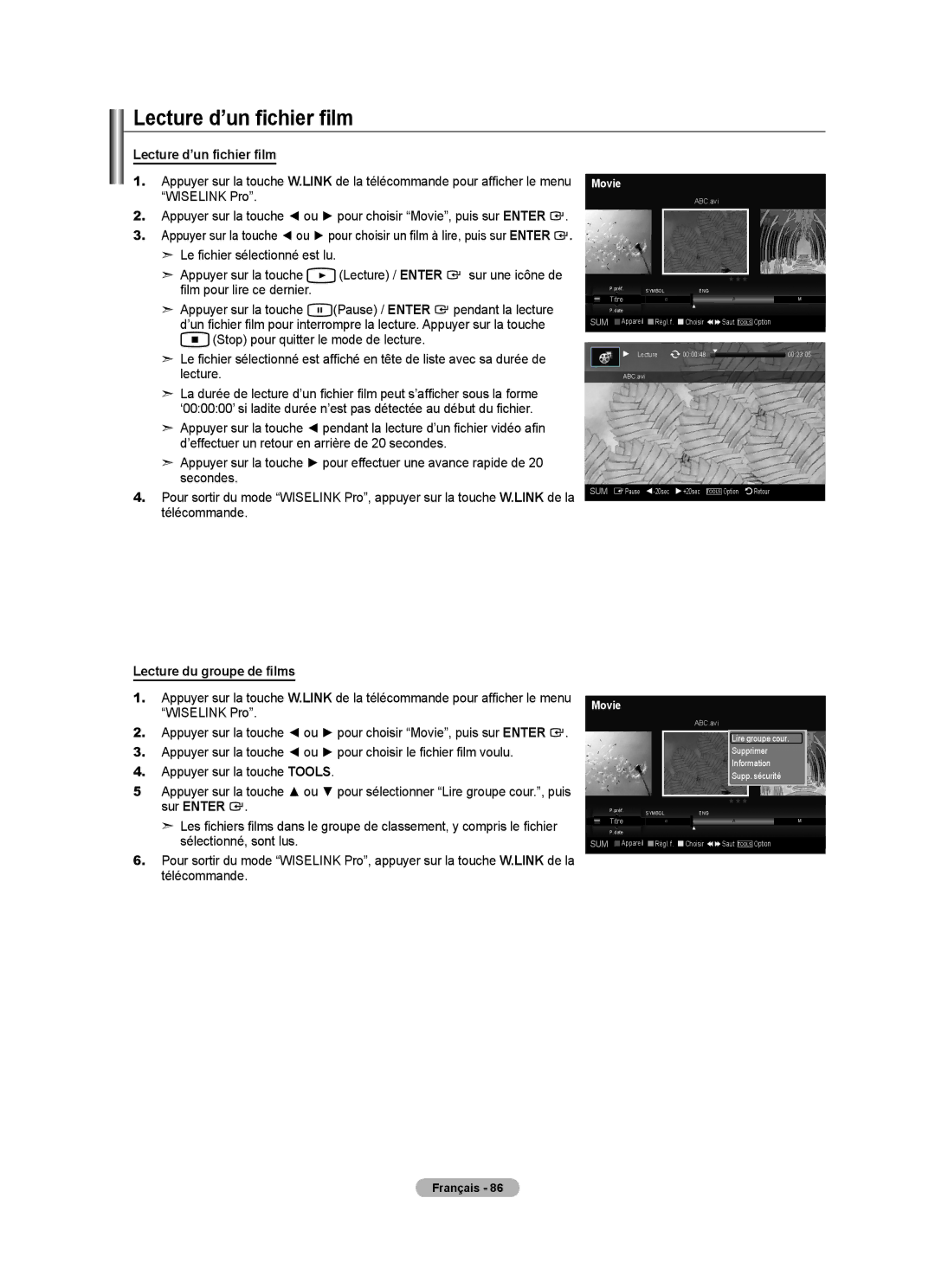 Samsung LN46A750R1F, LN52A750R1F, LN40A750R1F user manual Lecture d’un fichier film, Lecture du groupe de films 