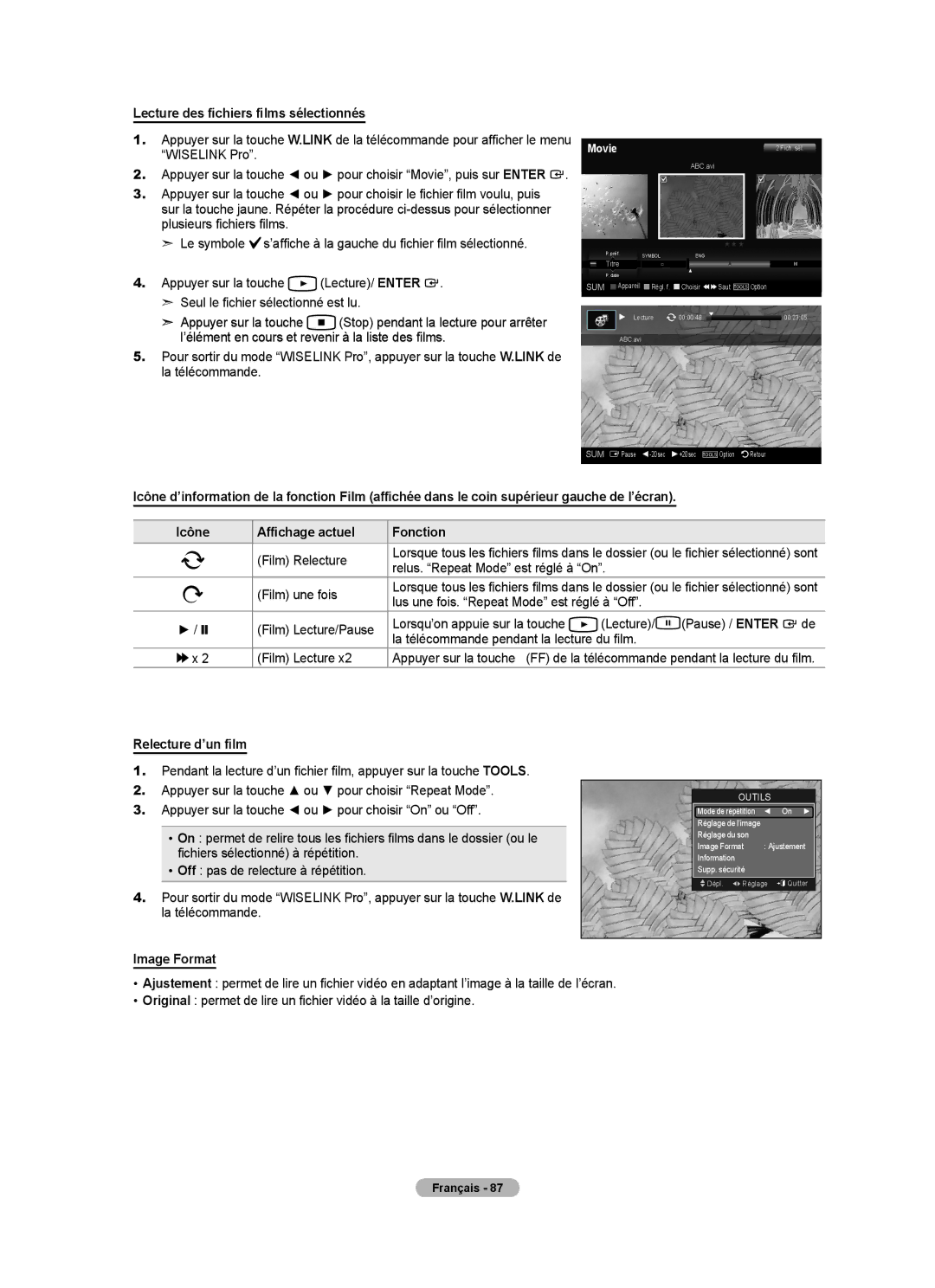 Samsung LN40A750R1F Lecture des fichiers films sélectionnés, Icône Affichage actuel Fonction, Relecture d’un film 