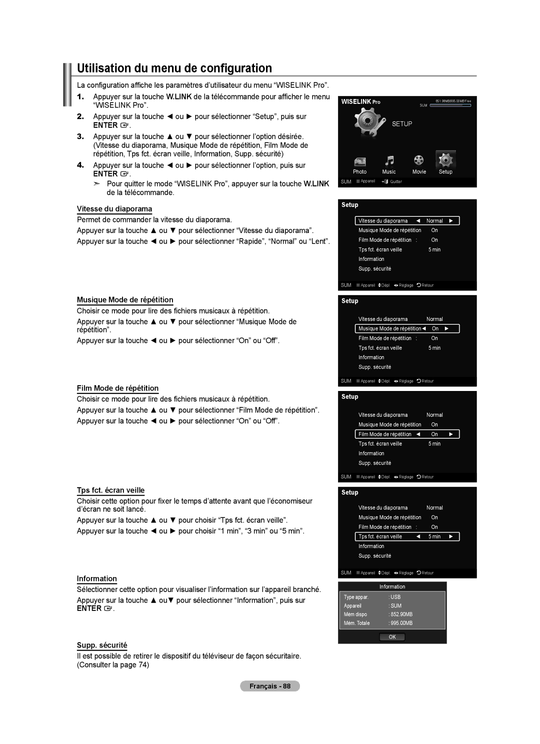 Samsung LN52A750R1F, LN46A750R1F Utilisation du menu de configuration, Permet de commander la vitesse du diaporama 