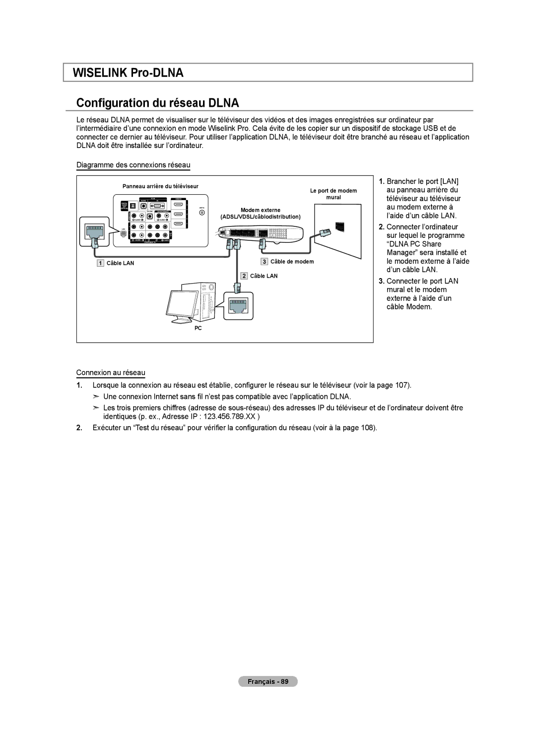 Samsung LN46A750R1F, LN52A750R1F, LN40A750R1F user manual Wiselink Pro-DLNA Configuration du réseau Dlna 