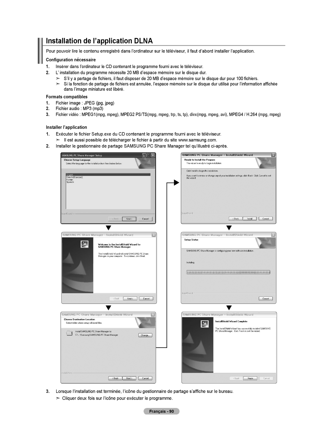 Samsung LN40A750R1F, LN52A750R1F Installation de l’application Dlna, Configuration nécessaire, Formats compatibles 