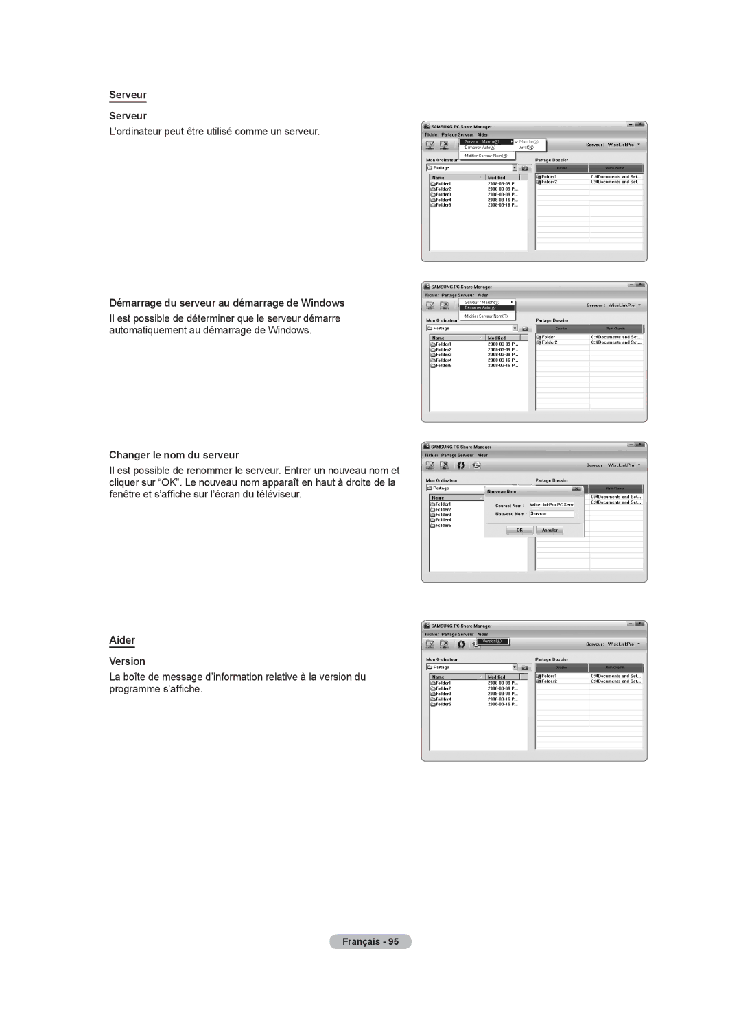 Samsung LN46A750R1F Serveur, ’ordinateur peut être utilisé comme un serveur, Démarrage du serveur au démarrage de Windows 