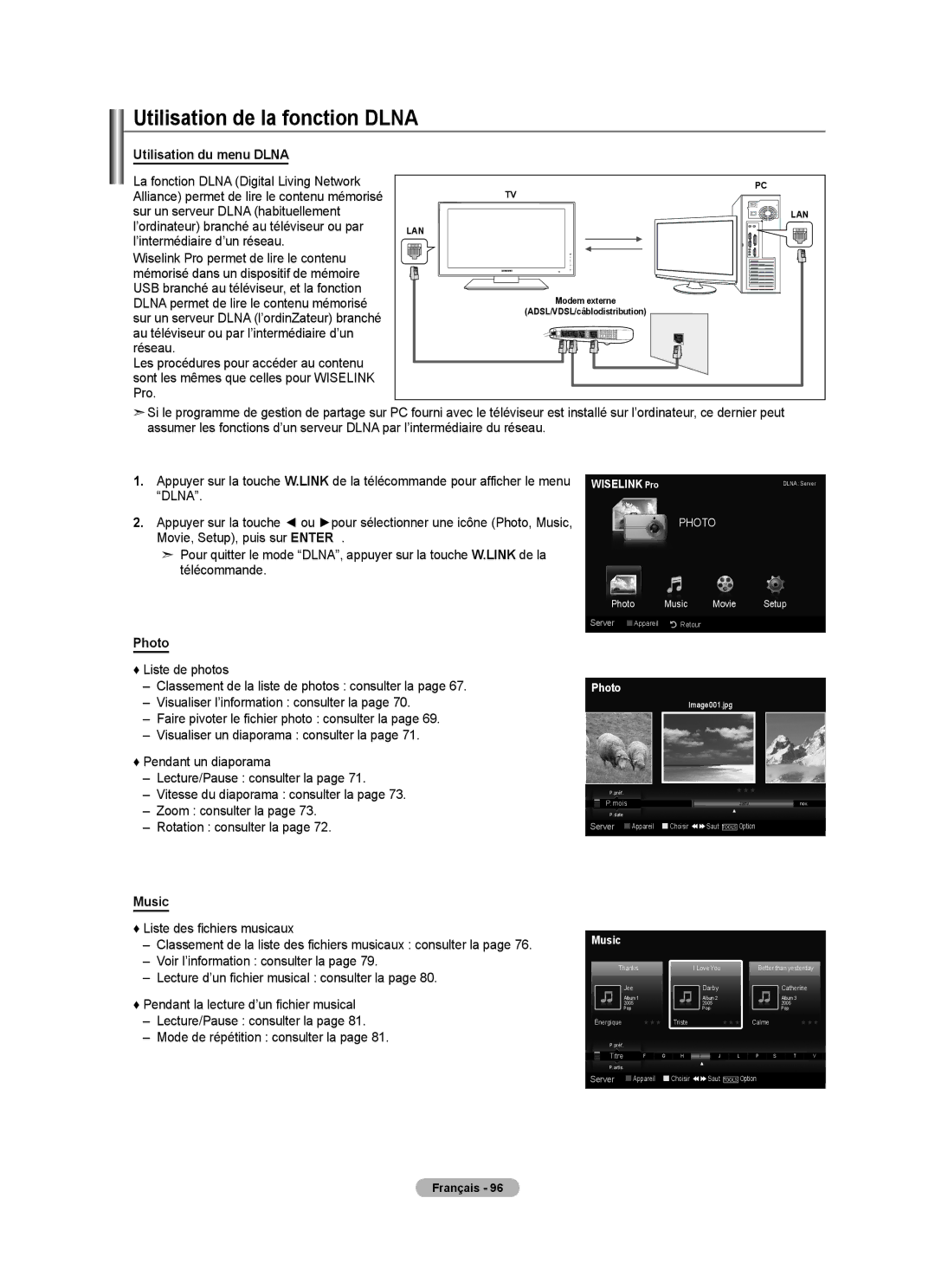 Samsung LN40A750R1F, LN52A750R1F, LN46A750R1F user manual Utilisation de la fonction Dlna, Utilisation du menu Dlna 