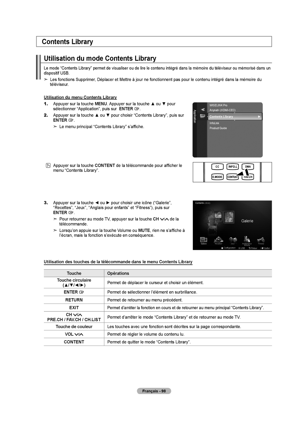 Samsung LN46A750R1F, LN52A750R1F, LN40A750R1F user manual Contents Library Utilisation du mode Contents Library 