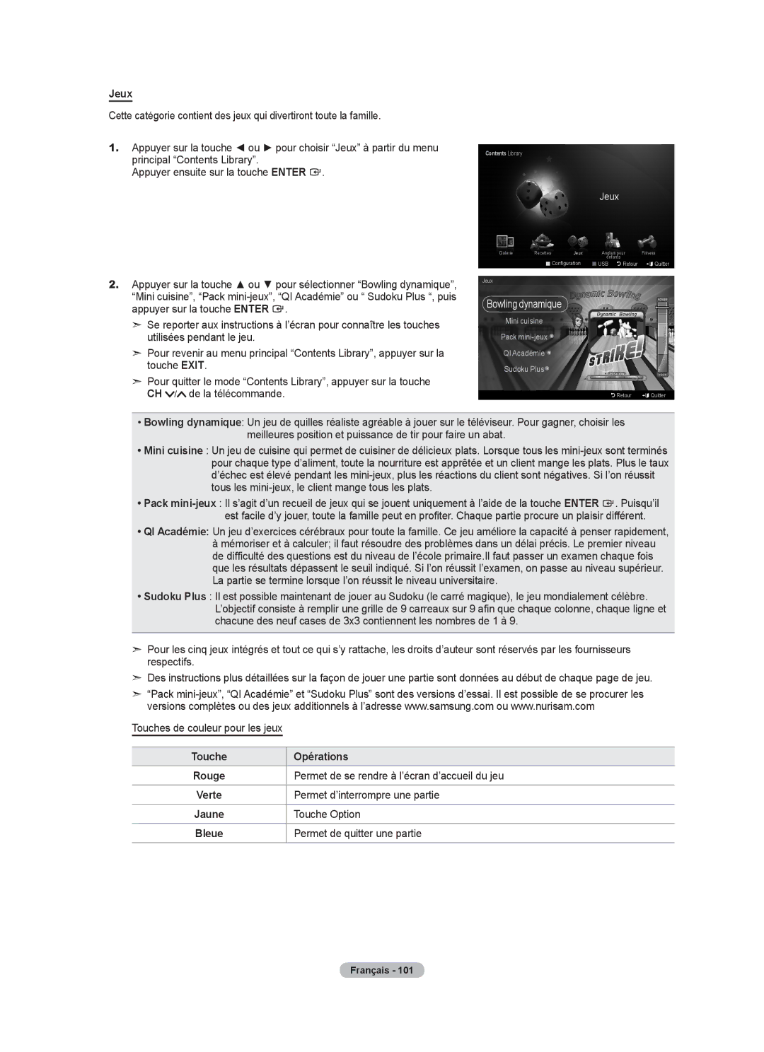 Samsung LN46A750R1F, LN52A750R1F, LN40A750R1F user manual Jeux, Touche Opérations 