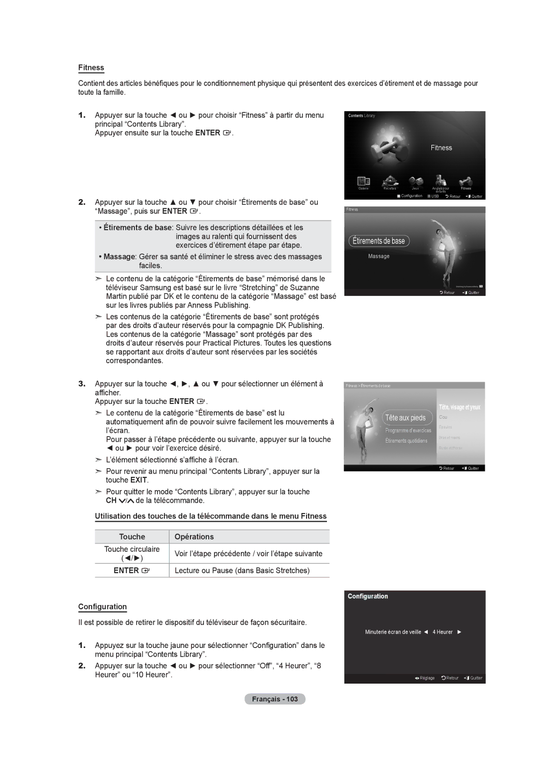 Samsung LN52A750R1F, LN46A750R1F Lecture ou Pause dans Basic Stretches, Configuration, Minuterie écran de veille 4 Heurer 