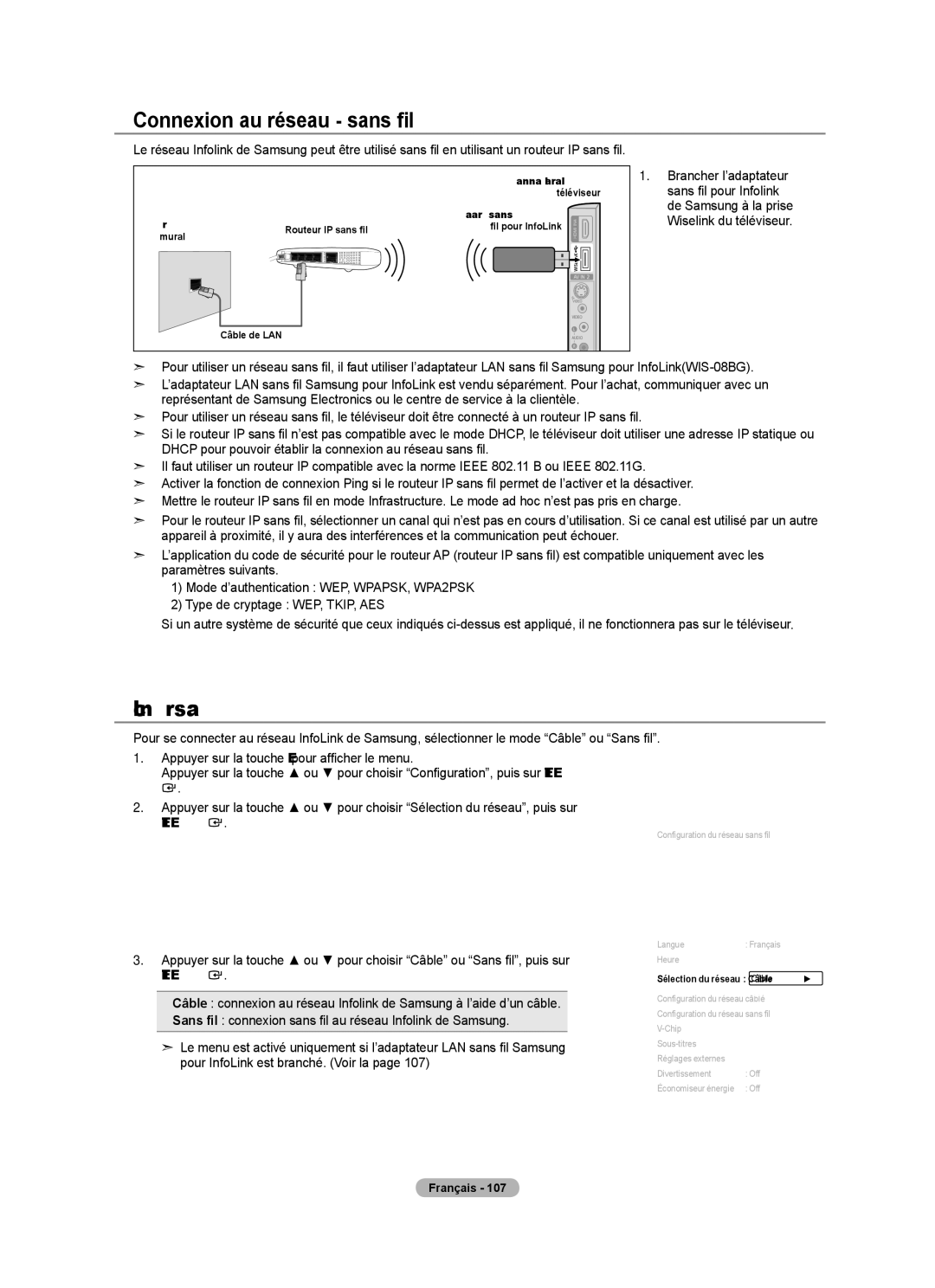 Samsung LN46A750R1F, LN52A750R1F Connexion au réseau sans fil, Sans fil pour Infolink, Sélection du réseau Câble 