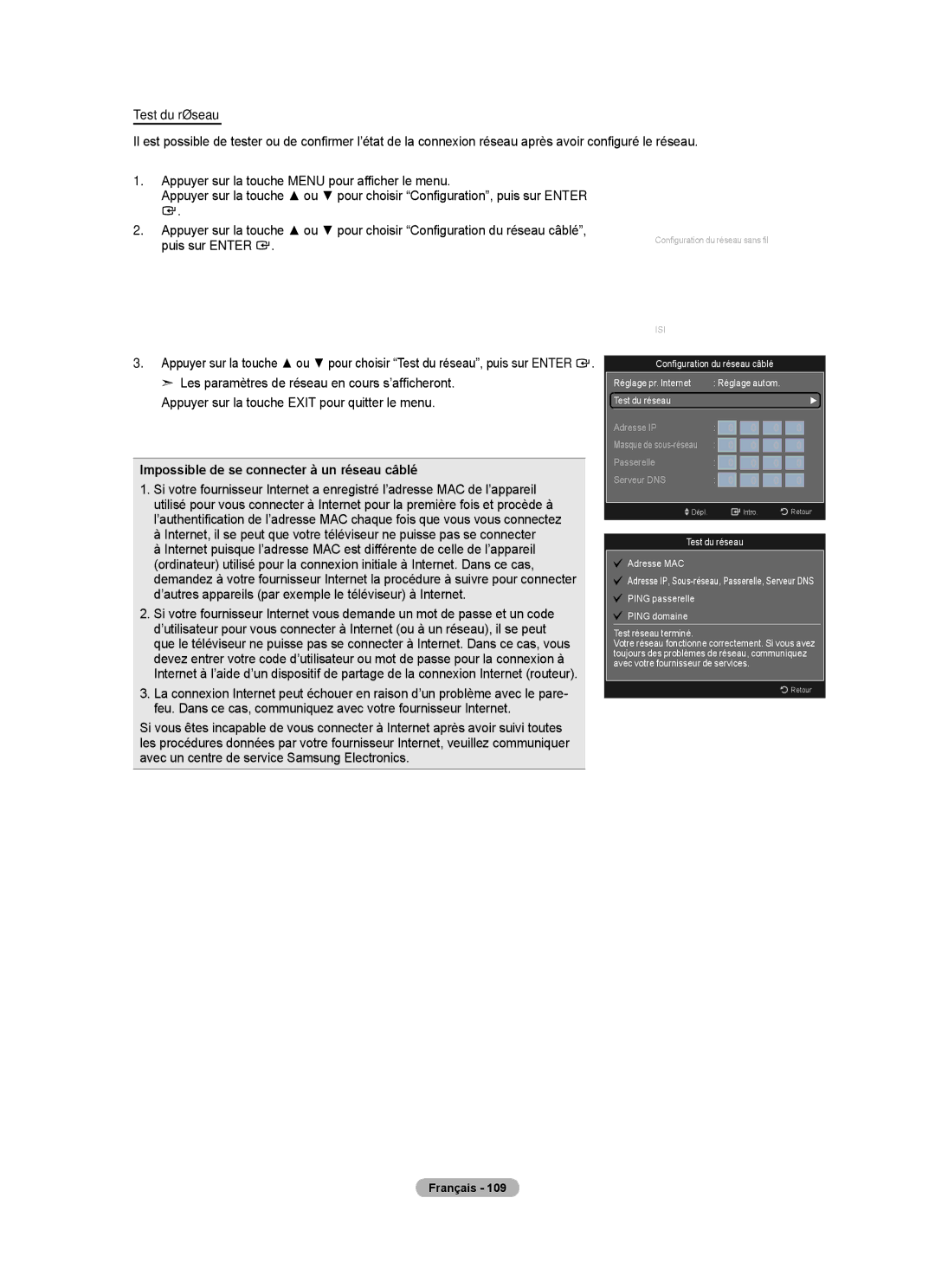 Samsung LN52A750R1F, LN46A750R1F, LN40A750R1F user manual Test du réseau, Impossible de se connecter à un réseau câblé 