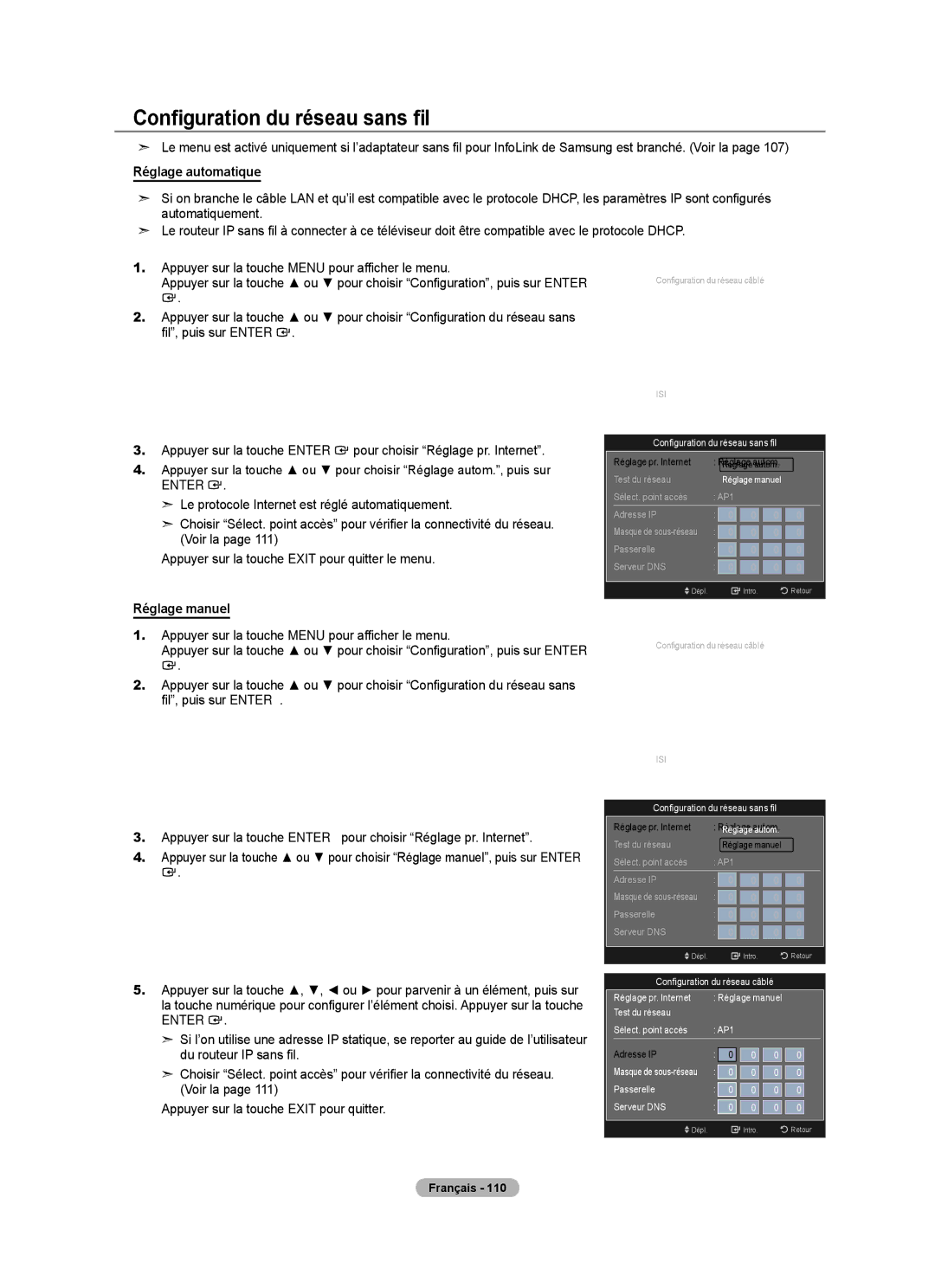 Samsung LN46A750R1F, LN52A750R1F, LN40A750R1F Configuration du réseau sans fil, Test du réseau Sélect. point accès AP1 