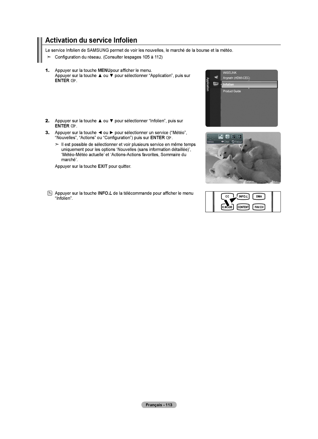 Samsung LN46A750R1F, LN52A750R1F, LN40A750R1F user manual Activation du service Infolien 