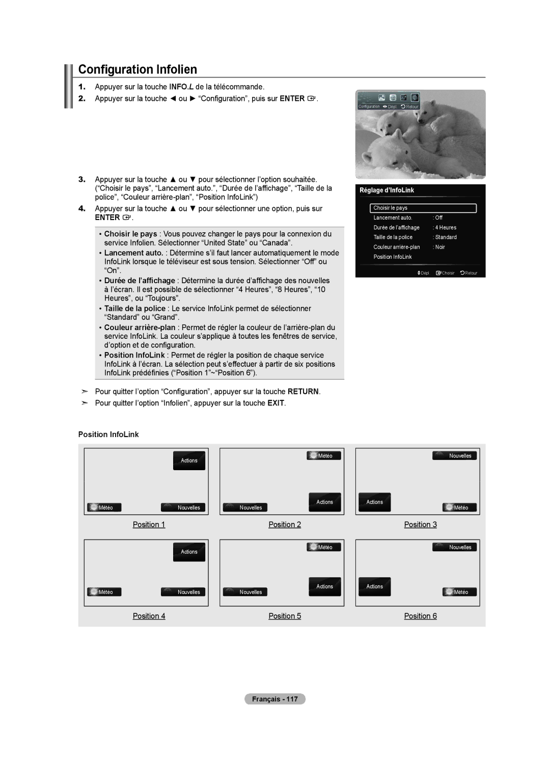 Samsung LN40A750R1F, LN52A750R1F, LN46A750R1F Configuration Infolien, Position InfoLink, Nouvelles Actions Météo 