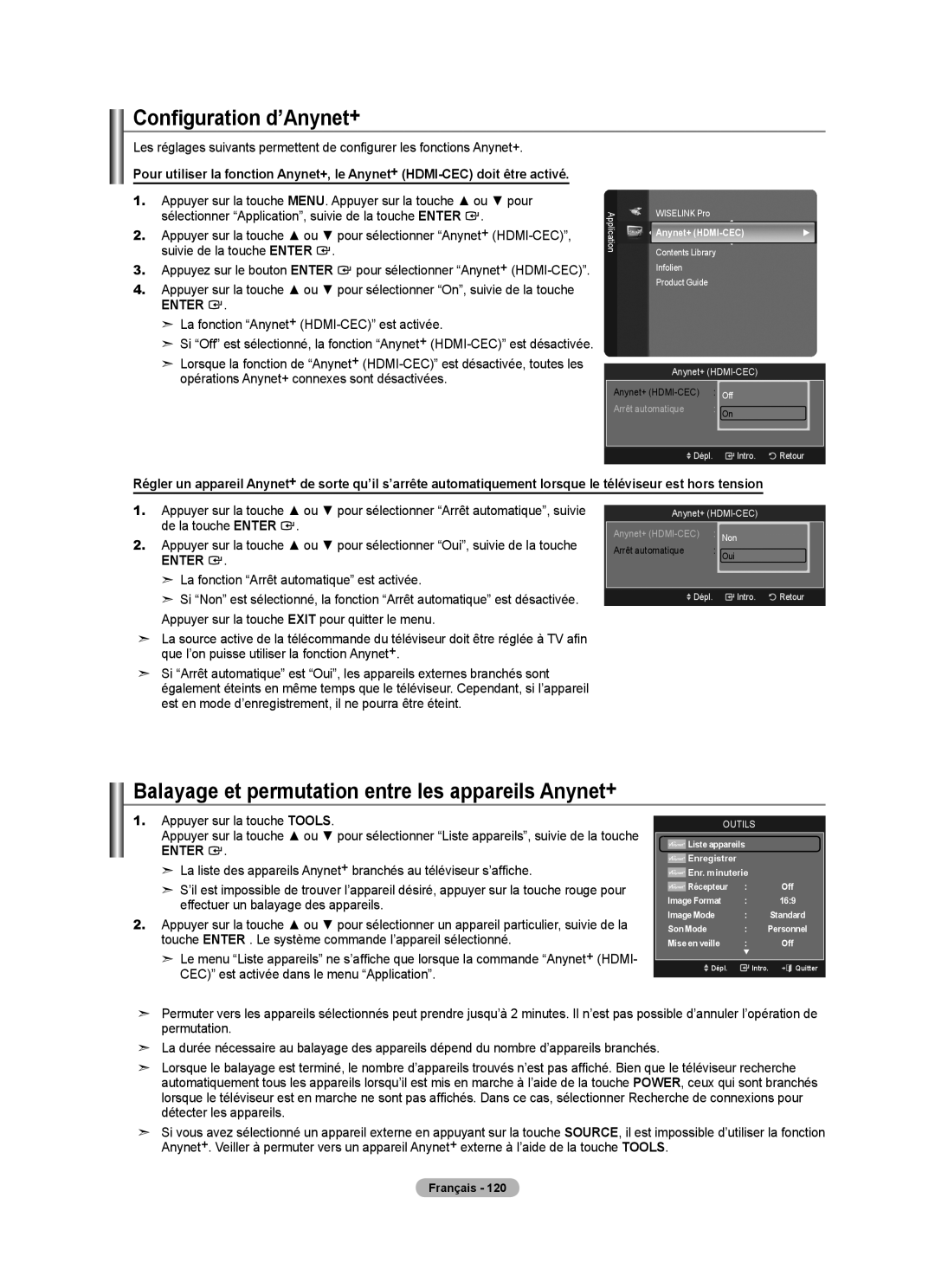 Samsung LN40A750R1F Configuration d’Anynet+, Balayage et permutation entre les appareils Anynet+, Arrêt automatique 