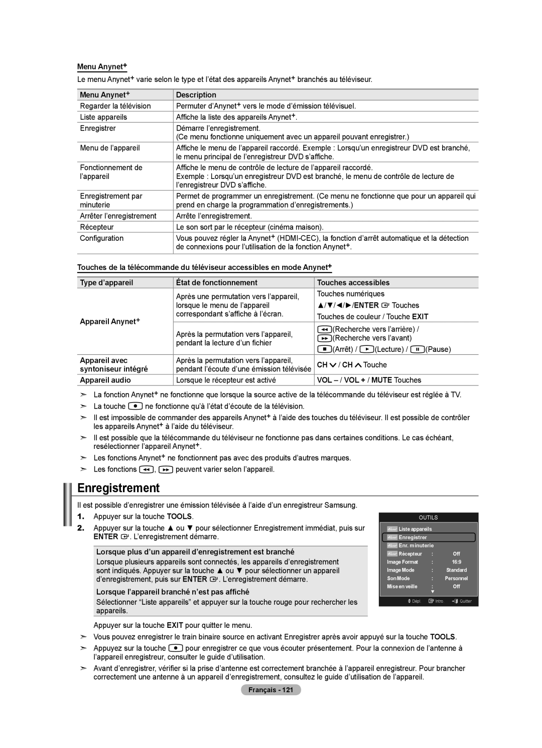 Samsung LN52A750R1F, LN46A750R1F, LN40A750R1F user manual Enregistrement 