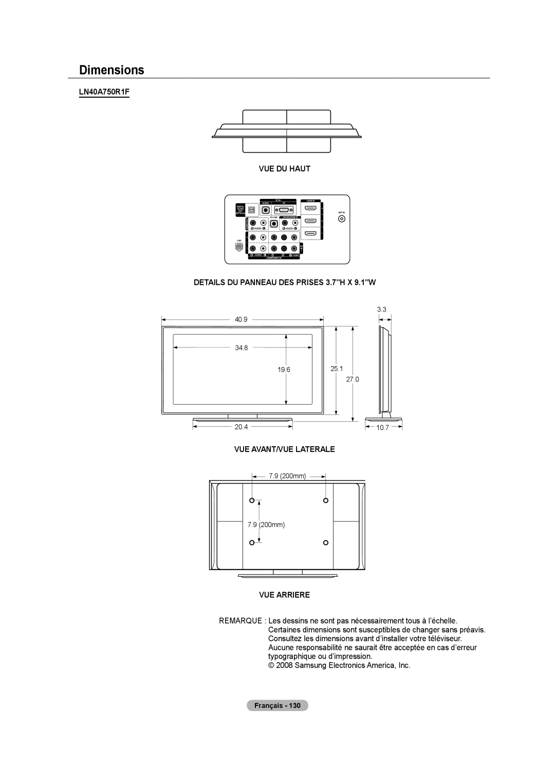 Samsung LN52A750R1F, LN46A750R1F, LN40A750R1F user manual VUE DU Haut Details DU Panneau DES Prises 3.7H X 9.1W 