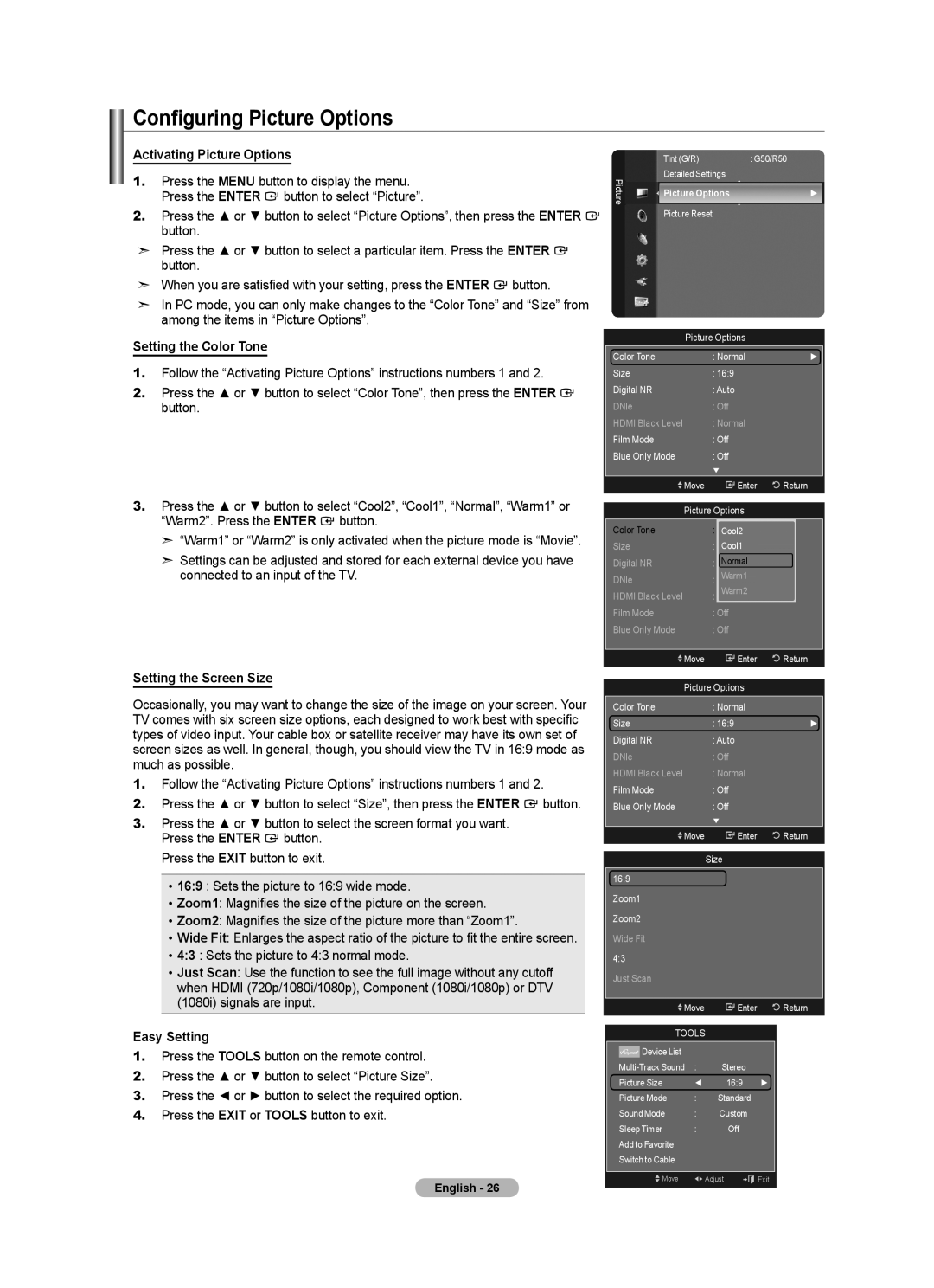 Samsung LN46A750R1F, LN52A750R1F user manual Configuring Picture Options, Activating Picture Options, Setting the Color Tone 