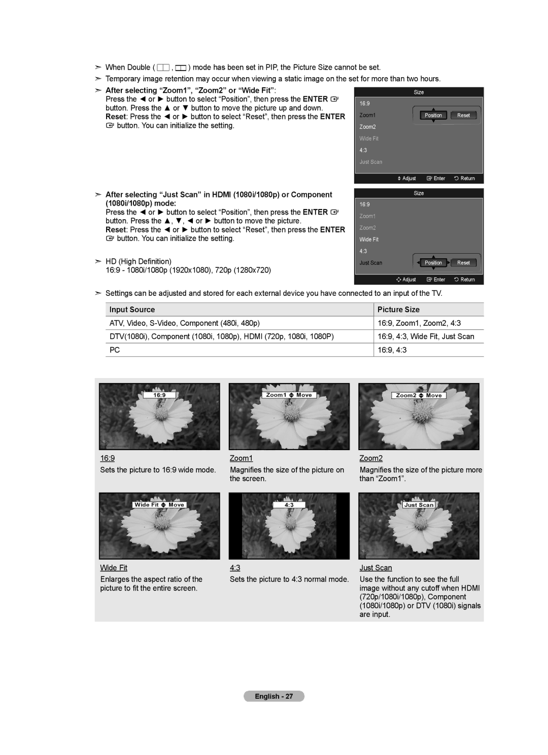 Samsung LN40A750R1F, LN52A750R1F, LN46A750R1F user manual Input Source Picture Size, Wide Fit, Size 169, Just Scan 