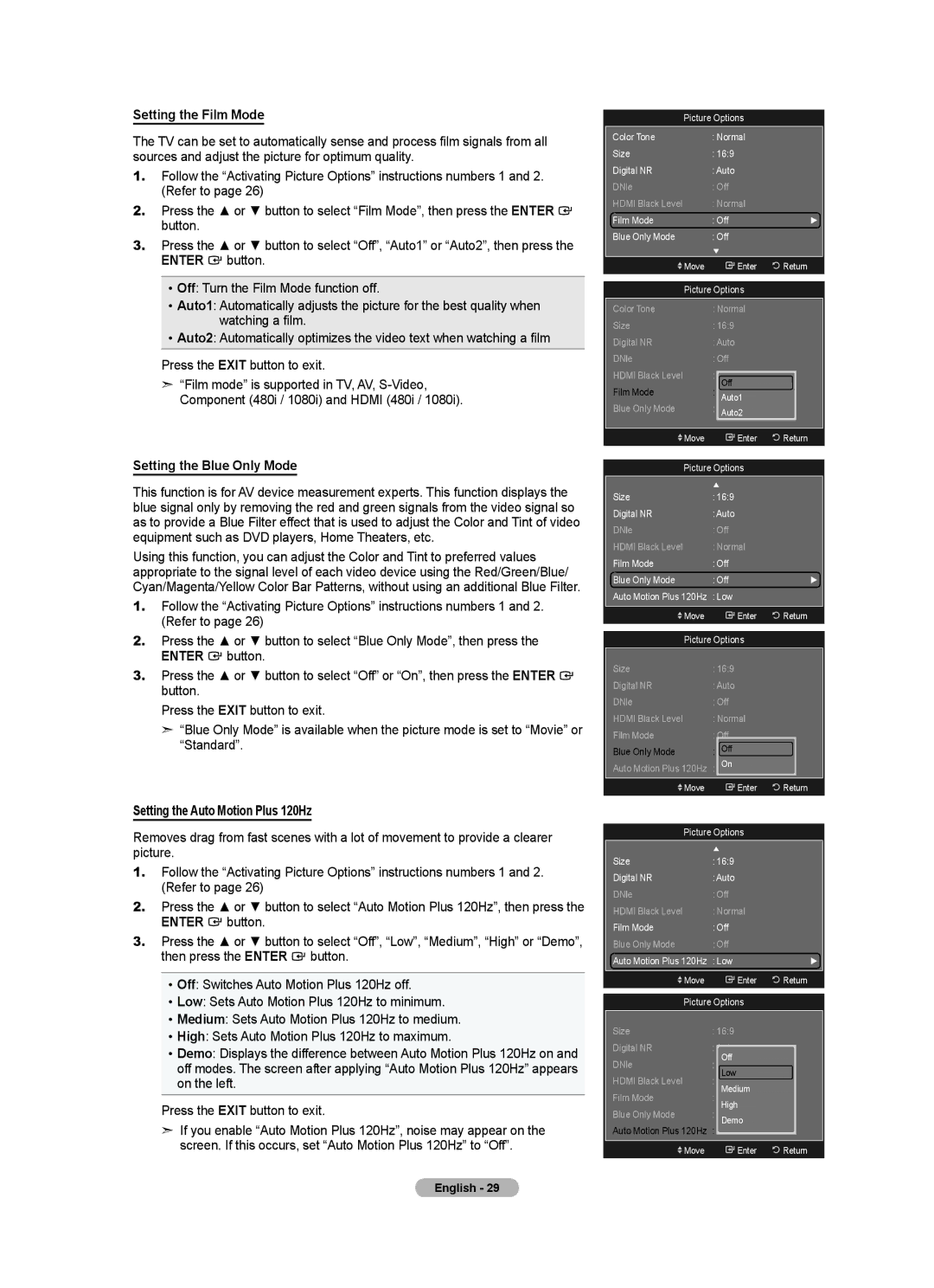 Samsung LN46A750R1F, LN52A750R1F Setting the Film Mode, Setting the Blue Only Mode, Setting the Auto Motion Plus 120Hz 