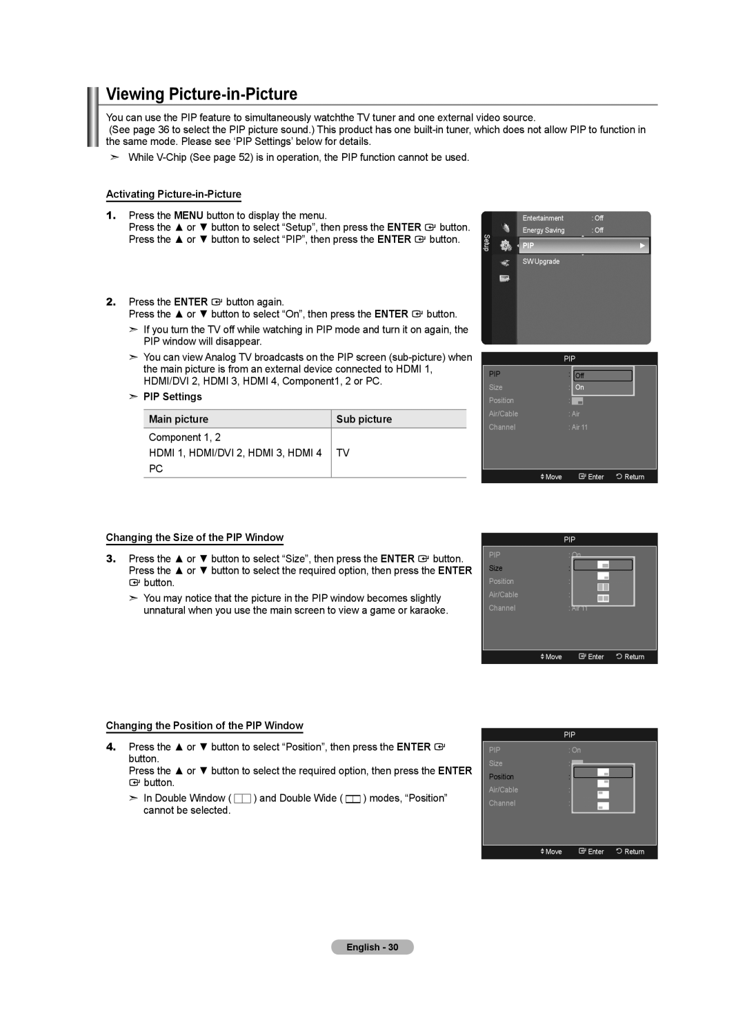 Samsung LN40A750R1F Viewing Picture-in-Picture, Activating Picture-in-Picture, PIP Settings Main picture Sub picture 