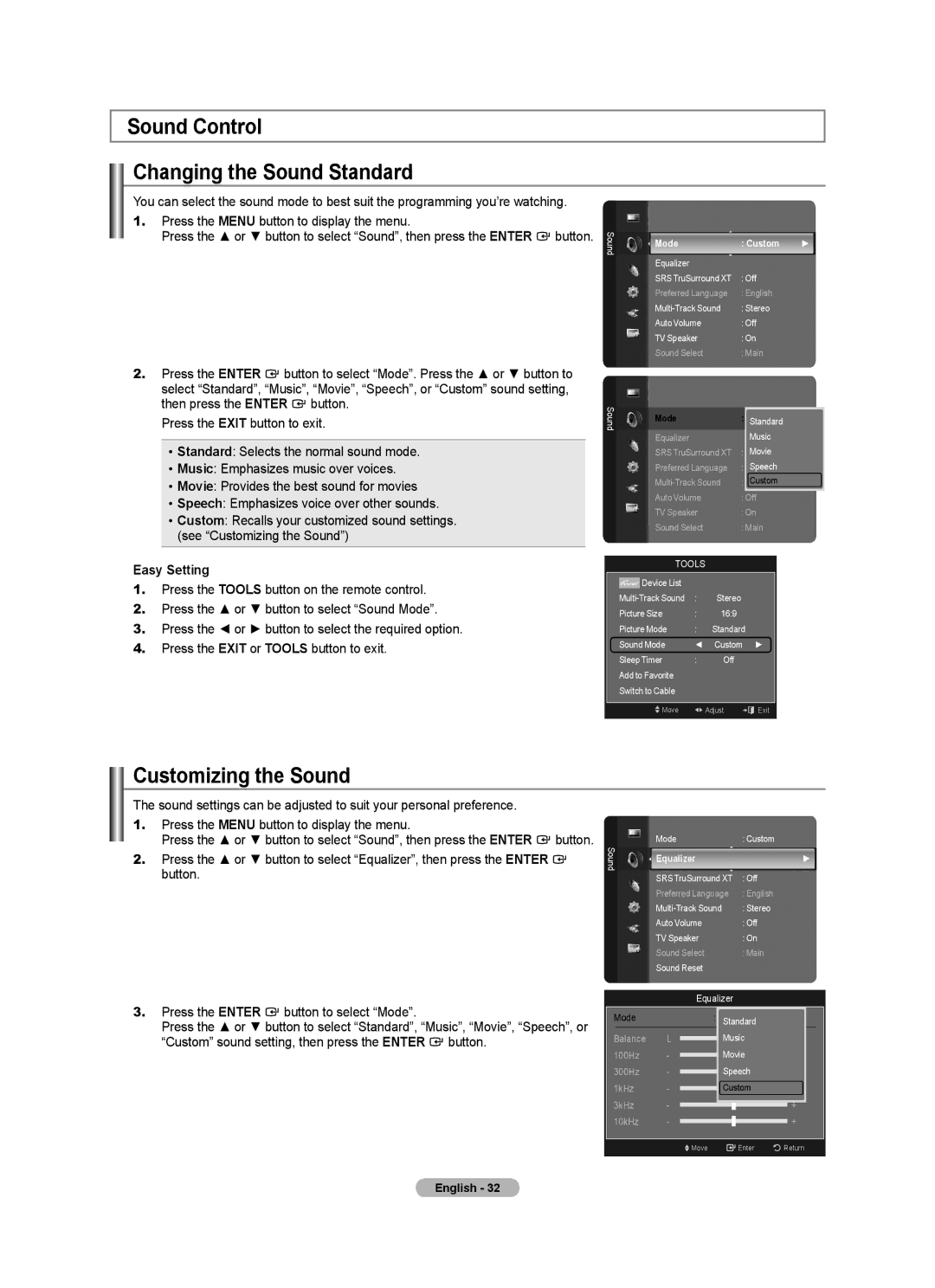 Samsung LN46A750R1F, LN52A750R1F, LN40A750R1F user manual Sound Control Changing the Sound Standard, Customizing the Sound 