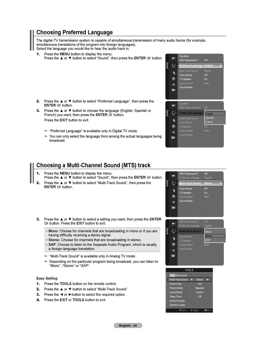 Samsung LN52A750R1F Choosing Preferred Language, Choosing a Multi-Channel Sound MTS track, Preferred Language English 