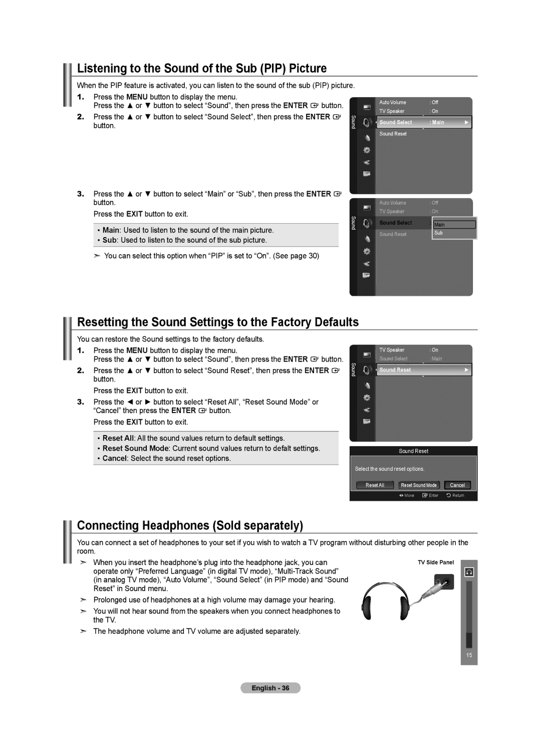 Samsung LN40A750R1F Listening to the Sound of the Sub PIP Picture, Resetting the Sound Settings to the Factory Defaults 