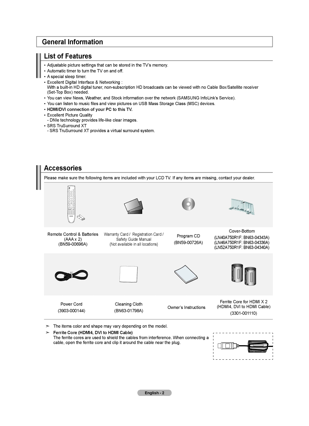 Samsung LN46A750R1F General Information List of Features, Accessories, HDMI/DVI connection of your PC to this TV 