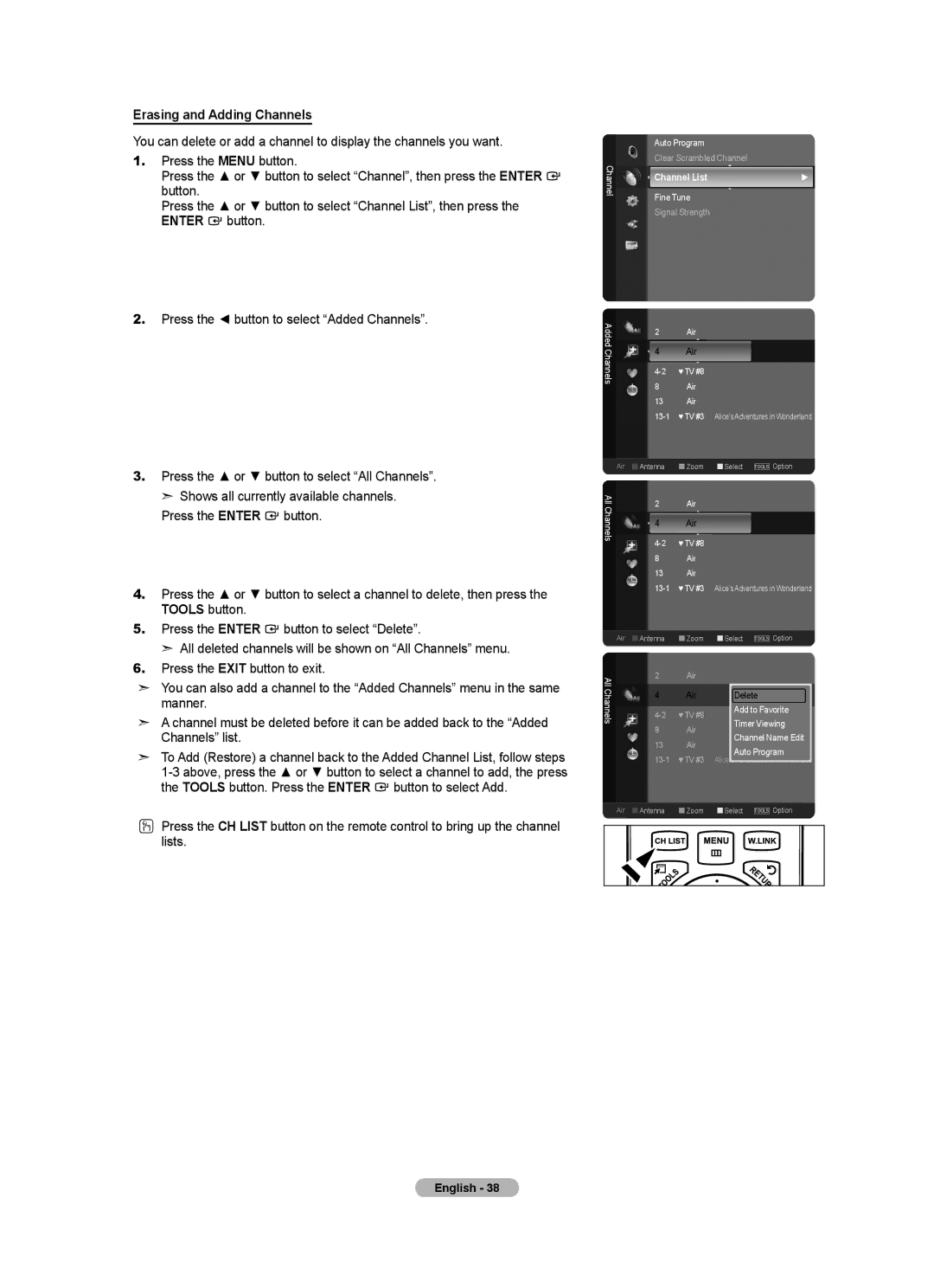 Samsung LN46A750R1F, LN52A750R1F, LN40A750R1F user manual Erasing and Adding Channels 