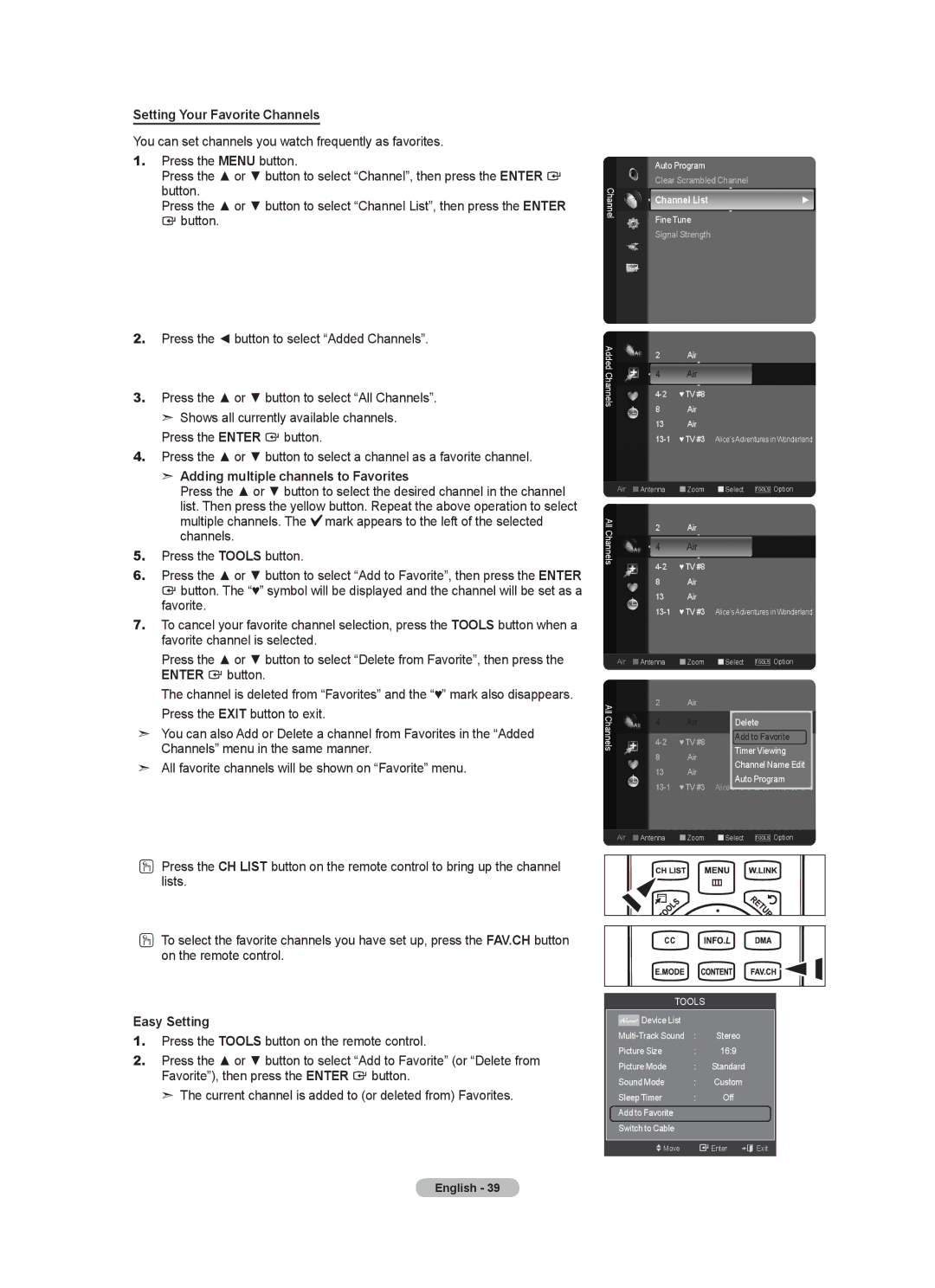 Samsung LN40A750R1F, LN52A750R1F, LN46A750R1F Setting Your Favorite Channels, Adding multiple channels to Favorites 