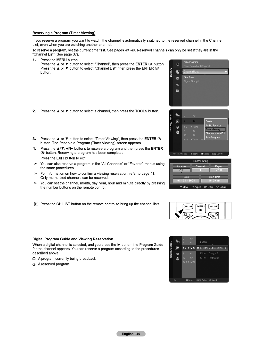 Samsung LN52A750R1F Reserving a Program Timer Viewing, Digital Program Guide and Viewing Reservation, Air Once, Start Time 