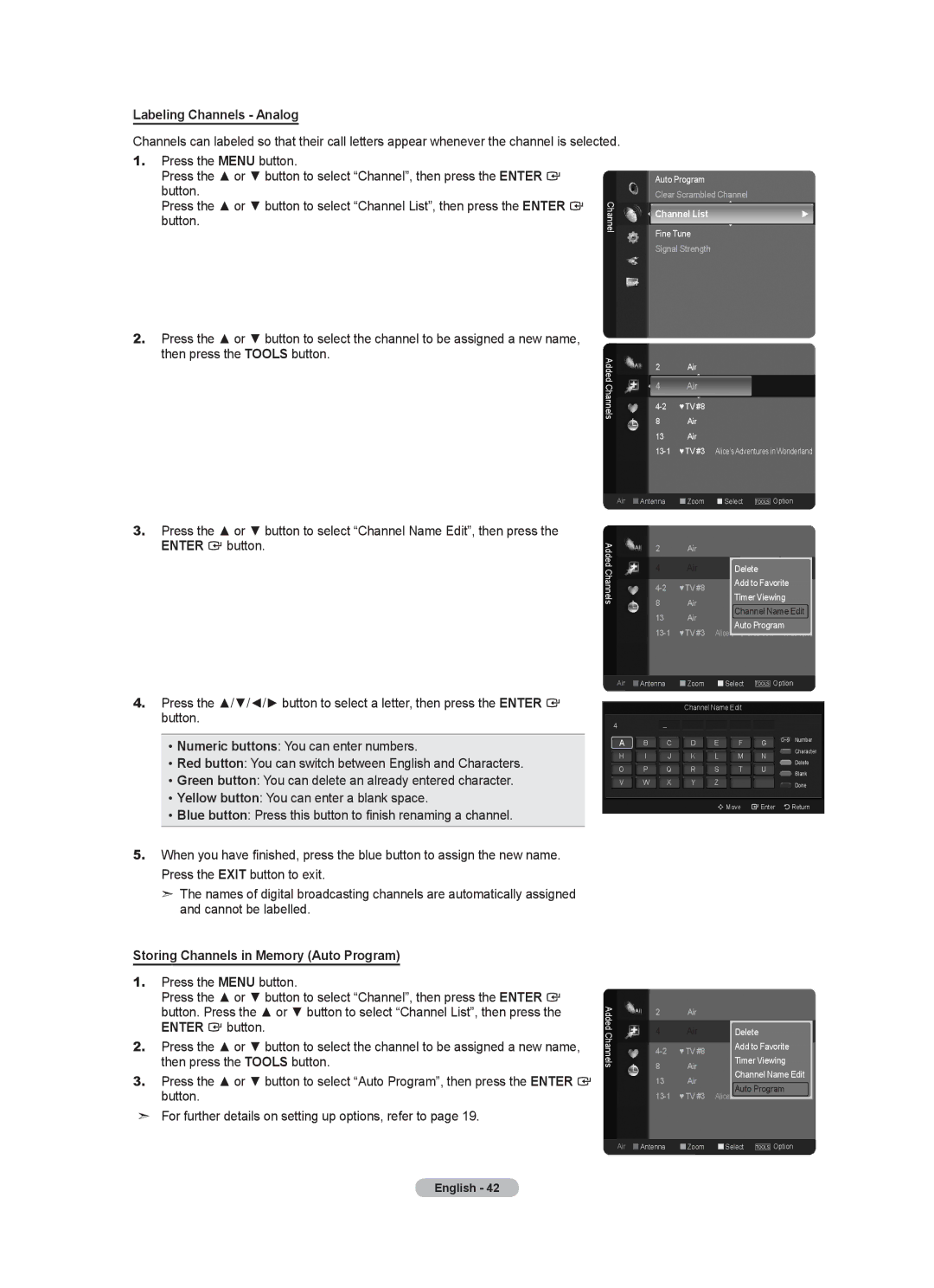 Samsung LN40A750R1F Labeling Channels Analog, Then press the Tools button, Storing Channels in Memory Auto Program 