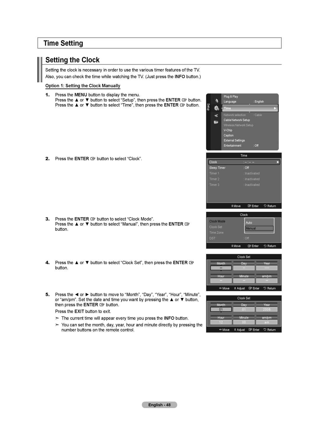 Samsung LN40A750R1F, LN52A750R1F, LN46A750R1F user manual Time Setting Setting the Clock, Option 1 Setting the Clock Manually 