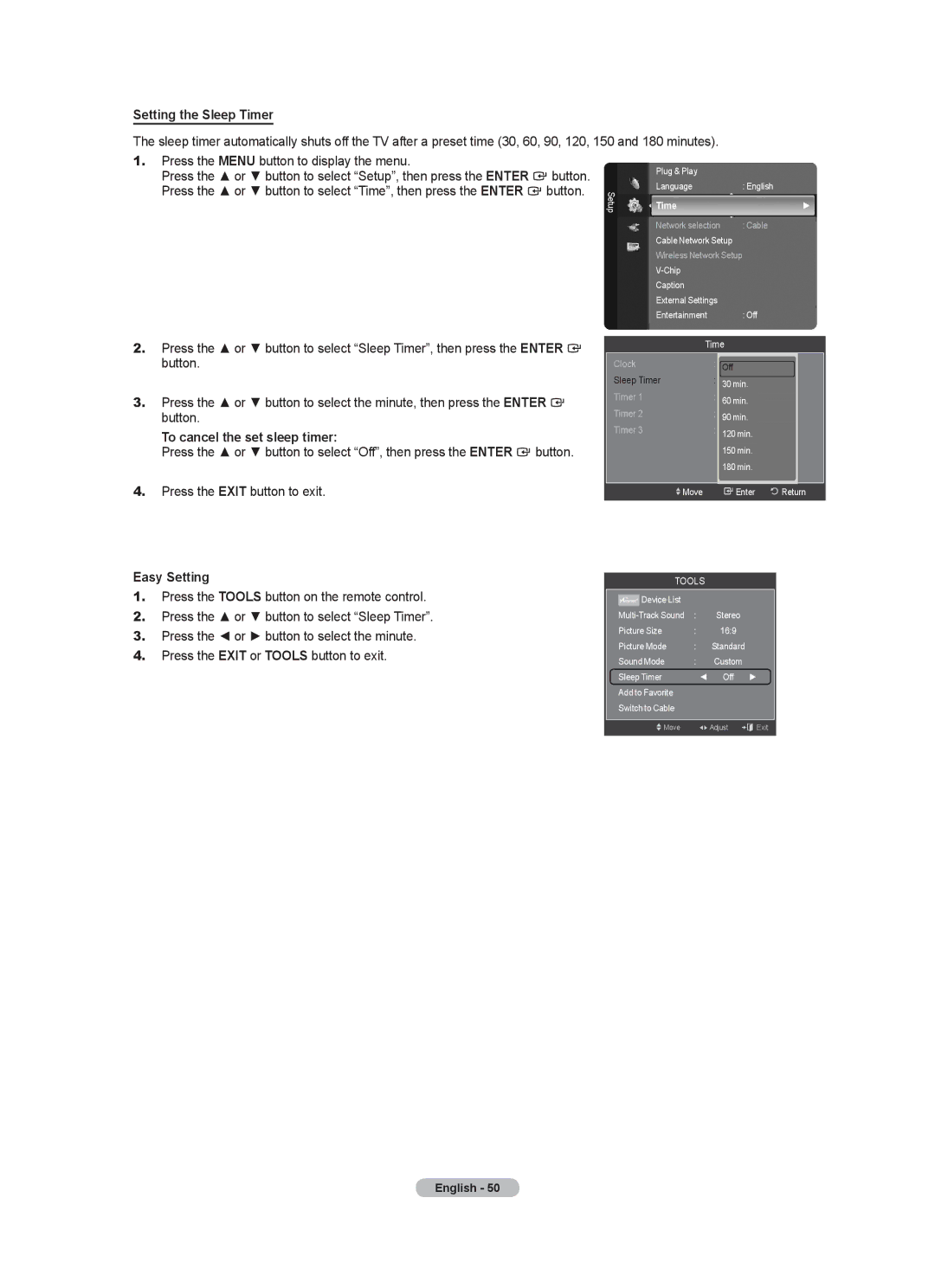 Samsung LN46A750R1F, LN52A750R1F, LN40A750R1F user manual Setting the Sleep Timer, To cancel the set sleep timer 