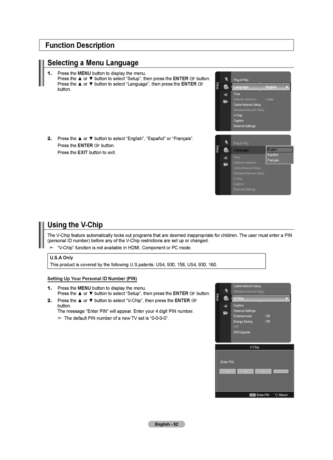 Samsung LN52A750R1F, LN46A750R1F, LN40A750R1F user manual Function Description Selecting a Menu Language, Using the V-Chip 