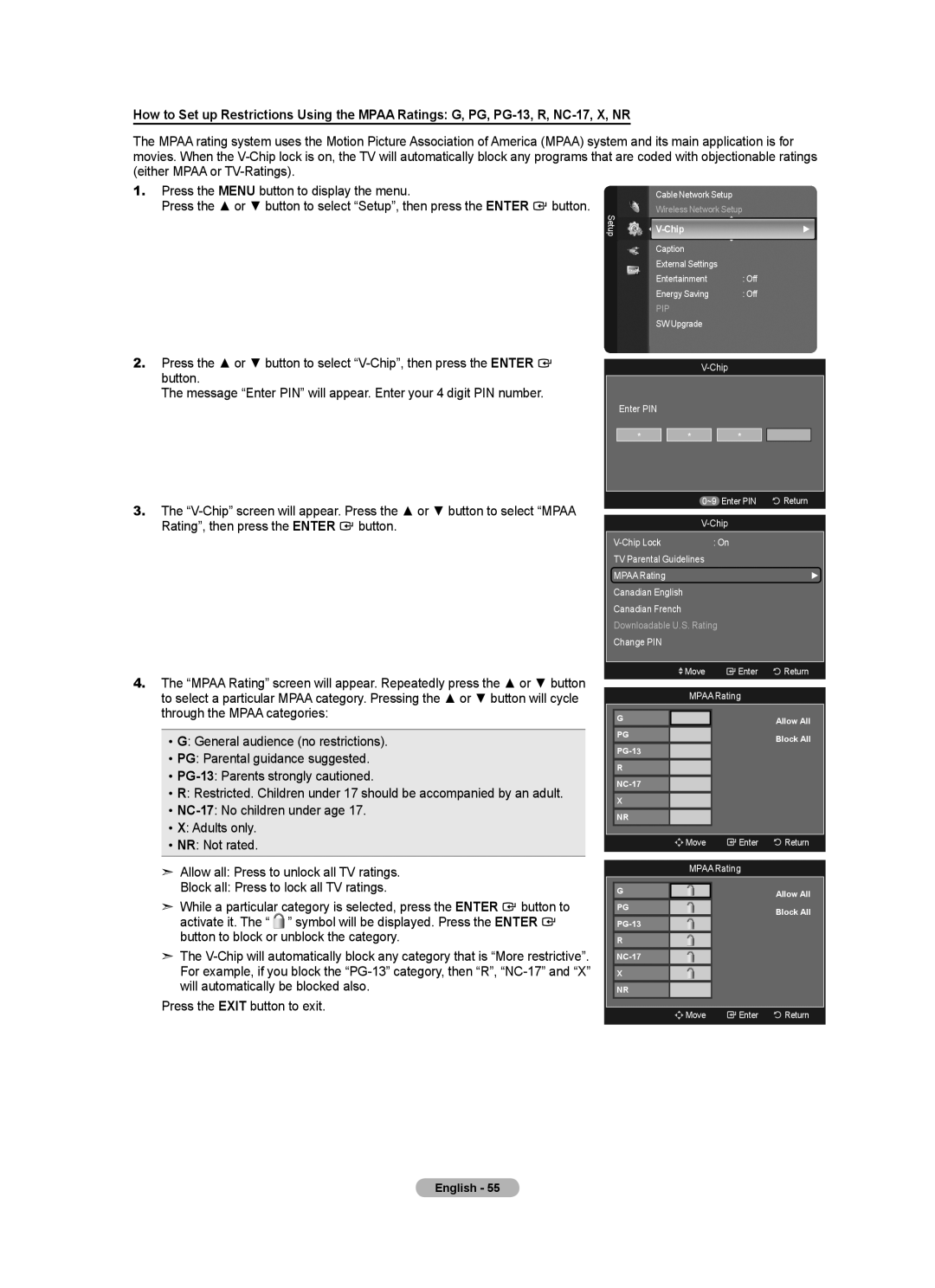 Samsung LN52A750R1F, LN46A750R1F, LN40A750R1F user manual Chip Lock TV Parental Guidelines Mpaa Rating, Canadian French 