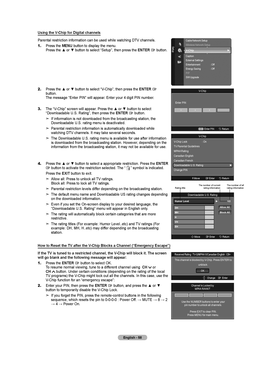 Samsung LN52A750R1F, LN46A750R1F Using the V-Chip for Digital channels, Downloadable U.S. Rating, Channel Is Locked by 