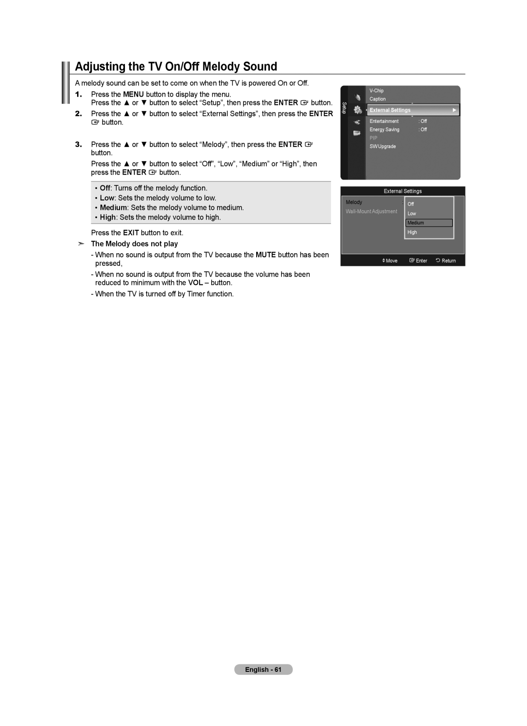 Samsung LN52A750R1F, LN46A750R1F, LN40A750R1F Adjusting the TV On/Off Melody Sound, Melody does not play, External Settings 