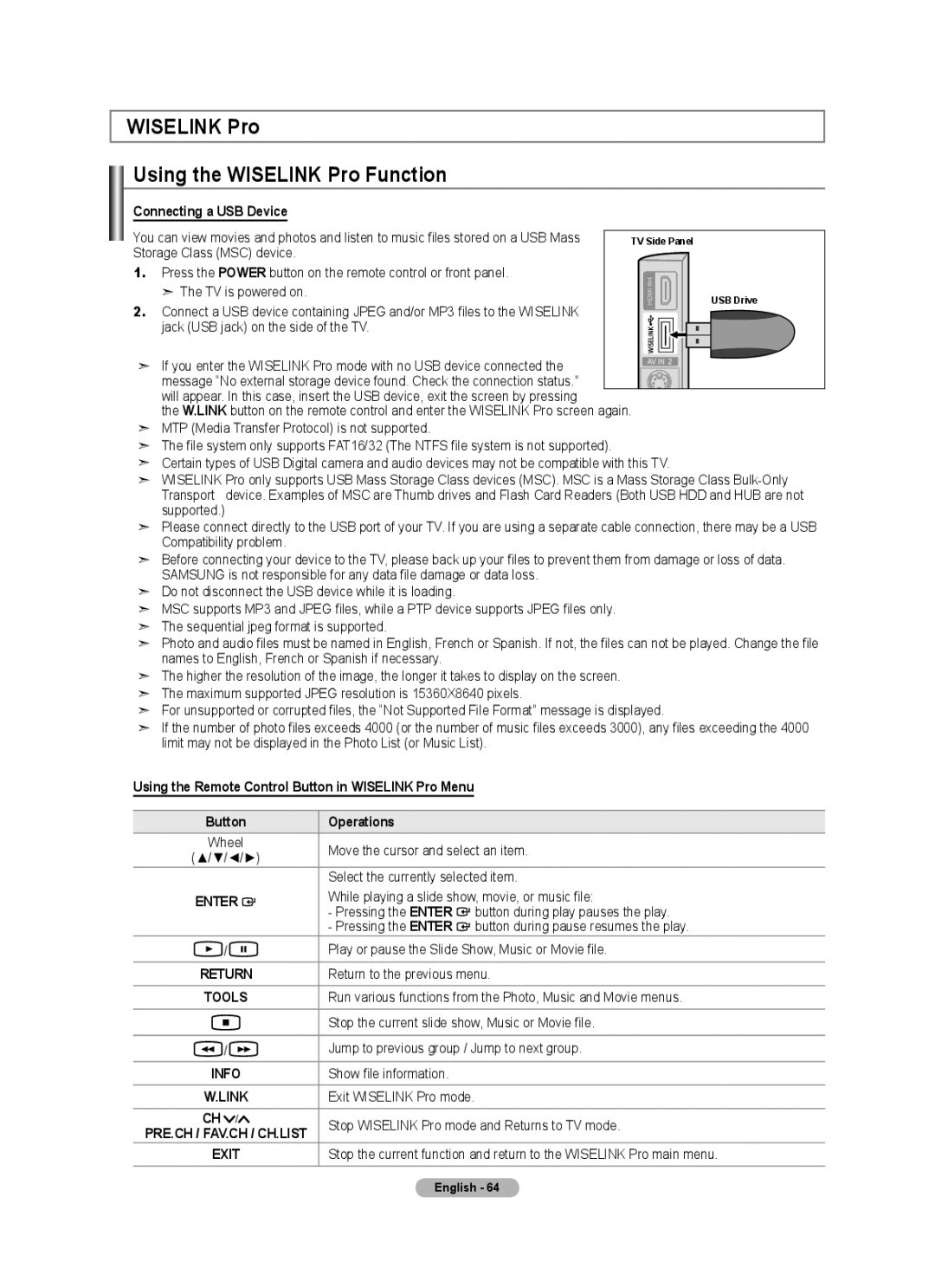 Samsung LN52A750R1F, LN46A750R1F, LN40A750R1F Wiselink Pro Using the Wiselink Pro Function, Connecting a USB Device 