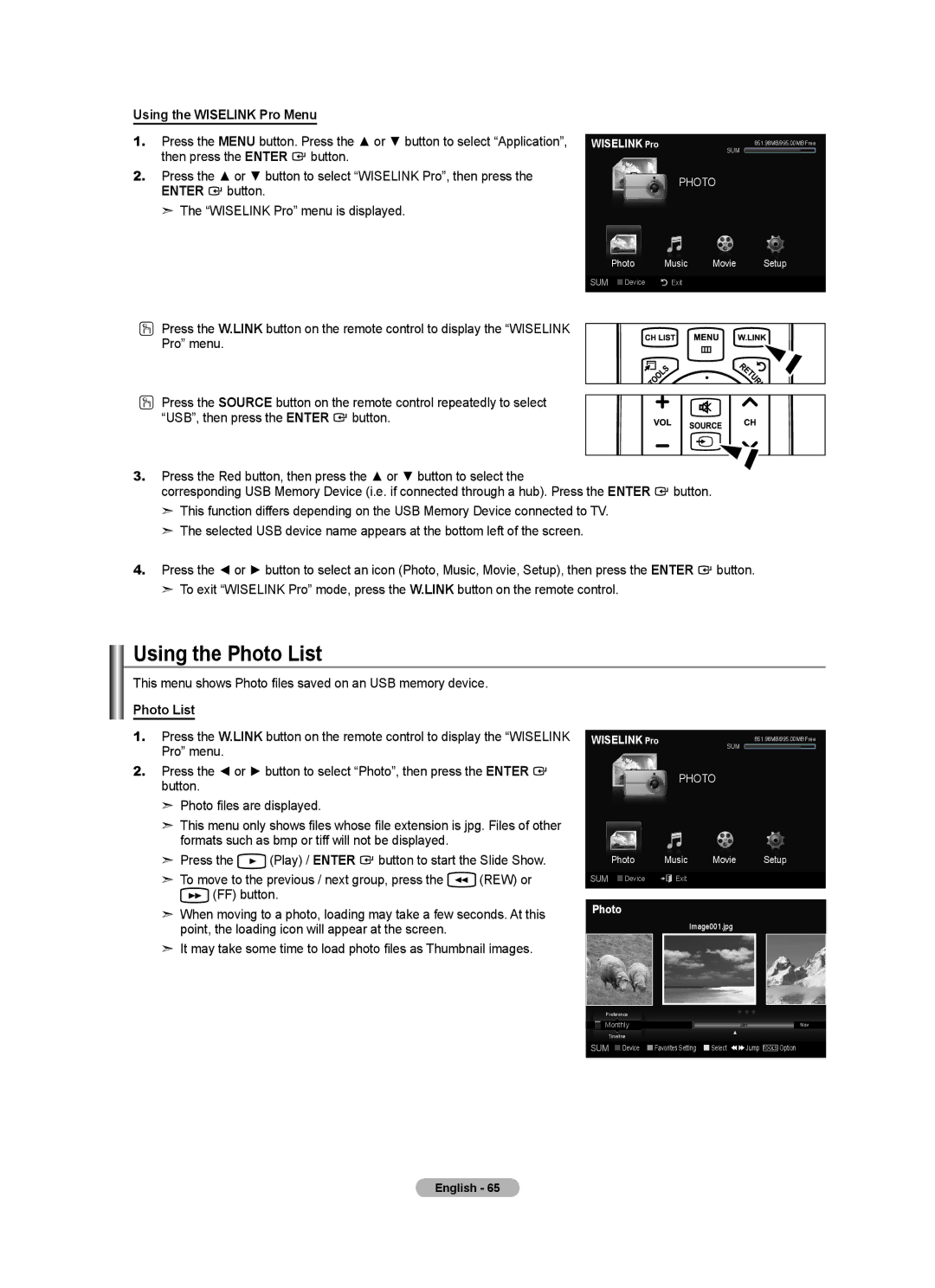 Samsung LN46A750R1F, LN52A750R1F, LN40A750R1F Using the Photo List, Using the Wiselink Pro Menu, Photo Music Movie Setup 