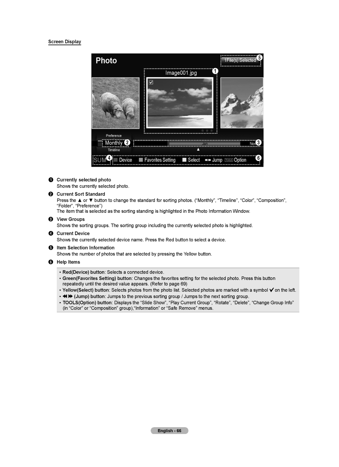 Samsung LN40A750R1F Screen Display, Currently selected photo, Current Sort Standard, View Groups, Current Device 