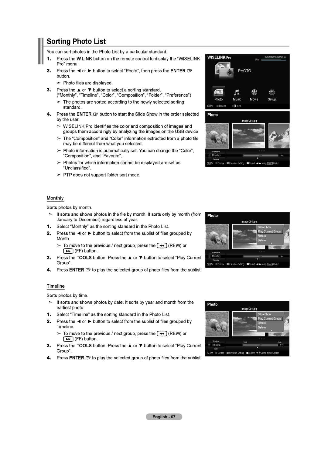 Samsung LN52A750R1F, LN46A750R1F, LN40A750R1F user manual Sorting Photo List, Monthly, Sorts photos by month, Group, Timeline 