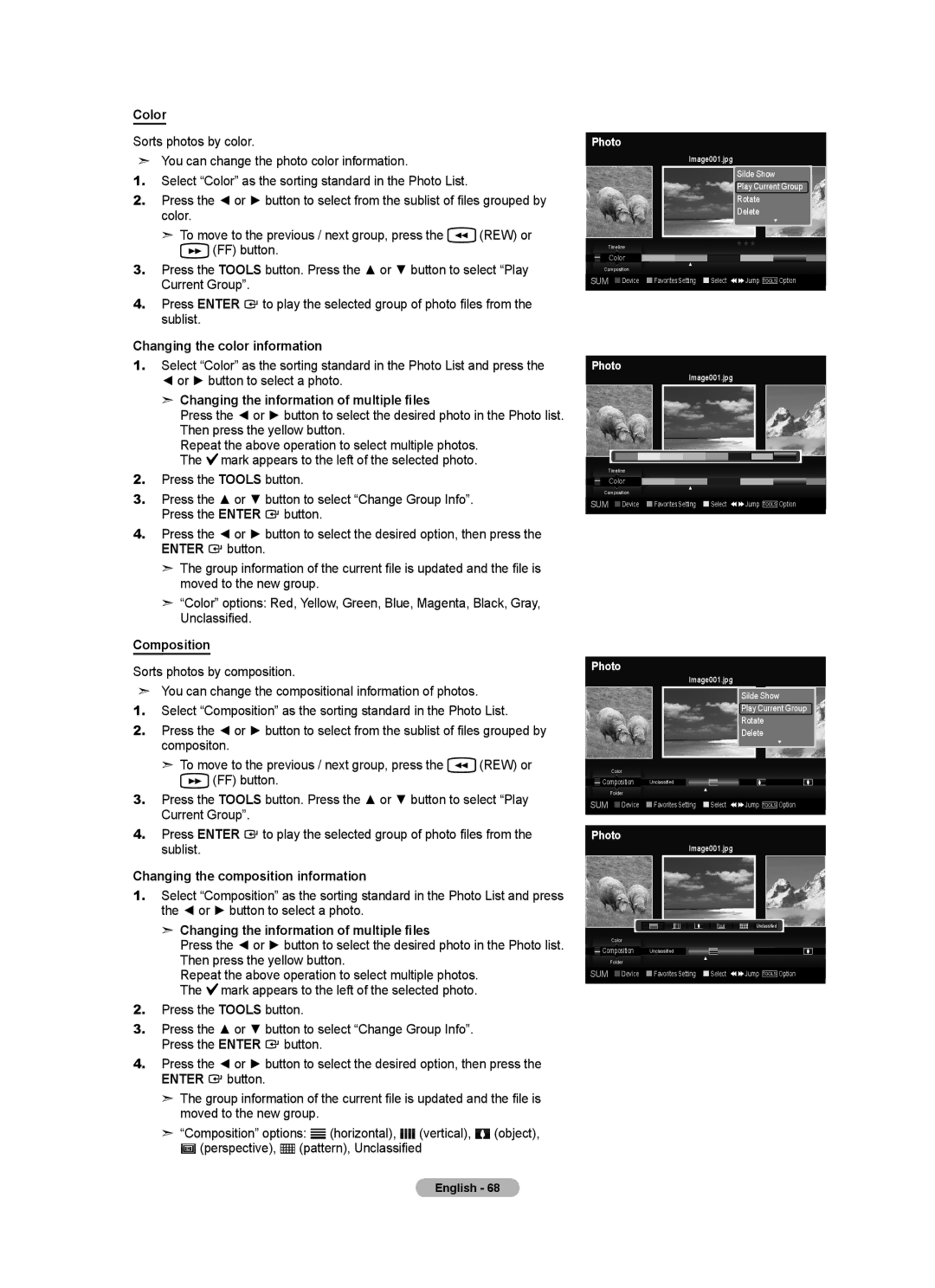 Samsung LN46A750R1F Color, Changing the color information, Changing the information of multiple files, Composition 