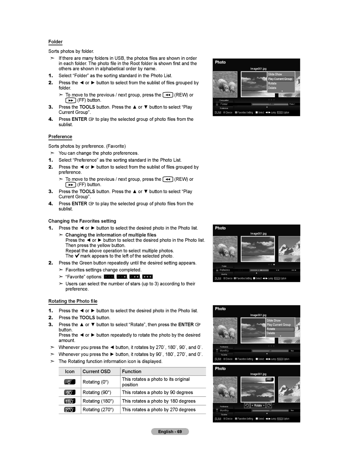 Samsung LN40A750R1F Folder, Preference, Changing the Favorites setting, Rotating the Photo file, Icon Current OSD Function 