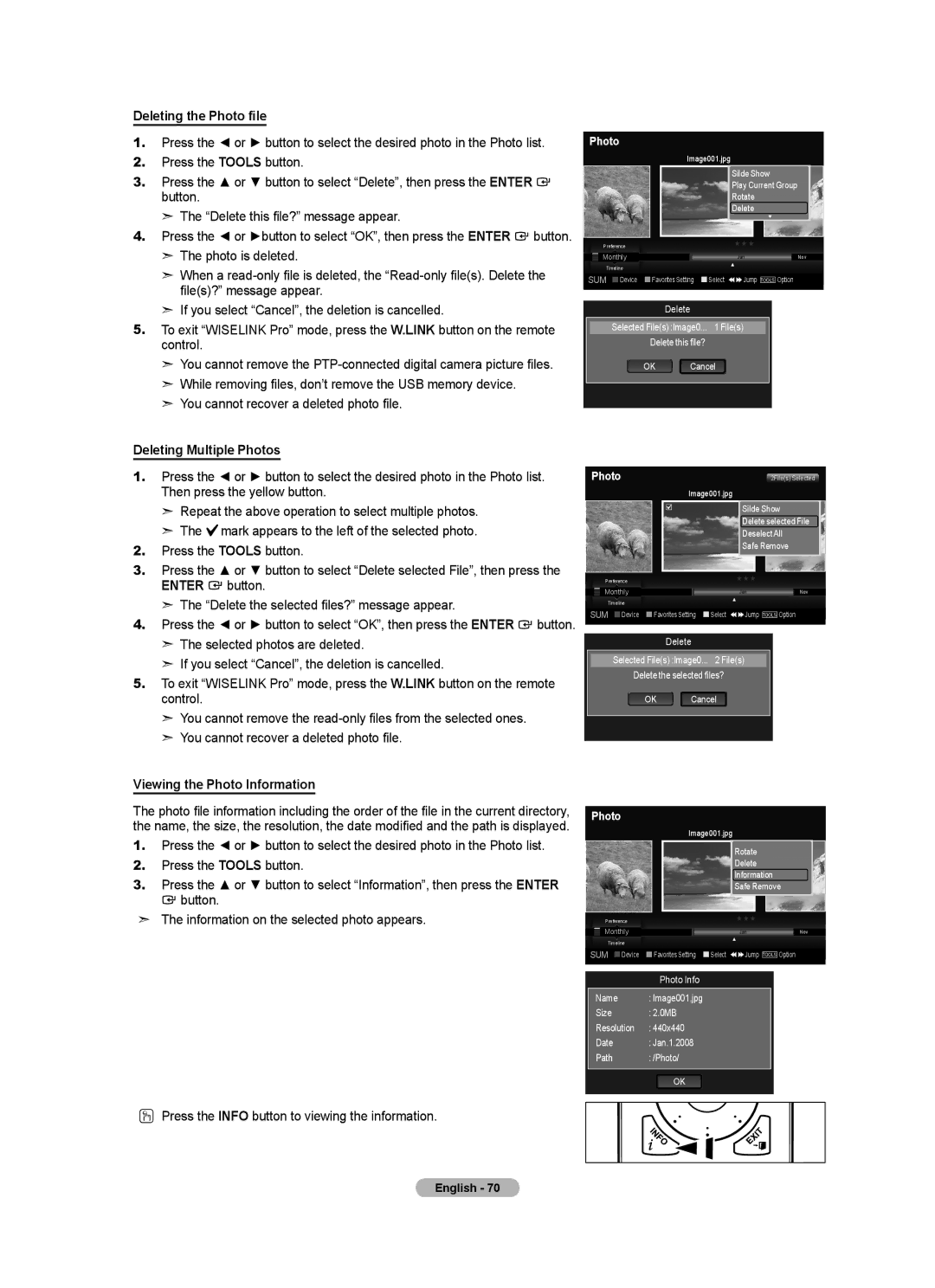 Samsung LN52A750R1F, LN46A750R1F Deleting the Photo file, Deleting Multiple Photos, Viewing the Photo Information 