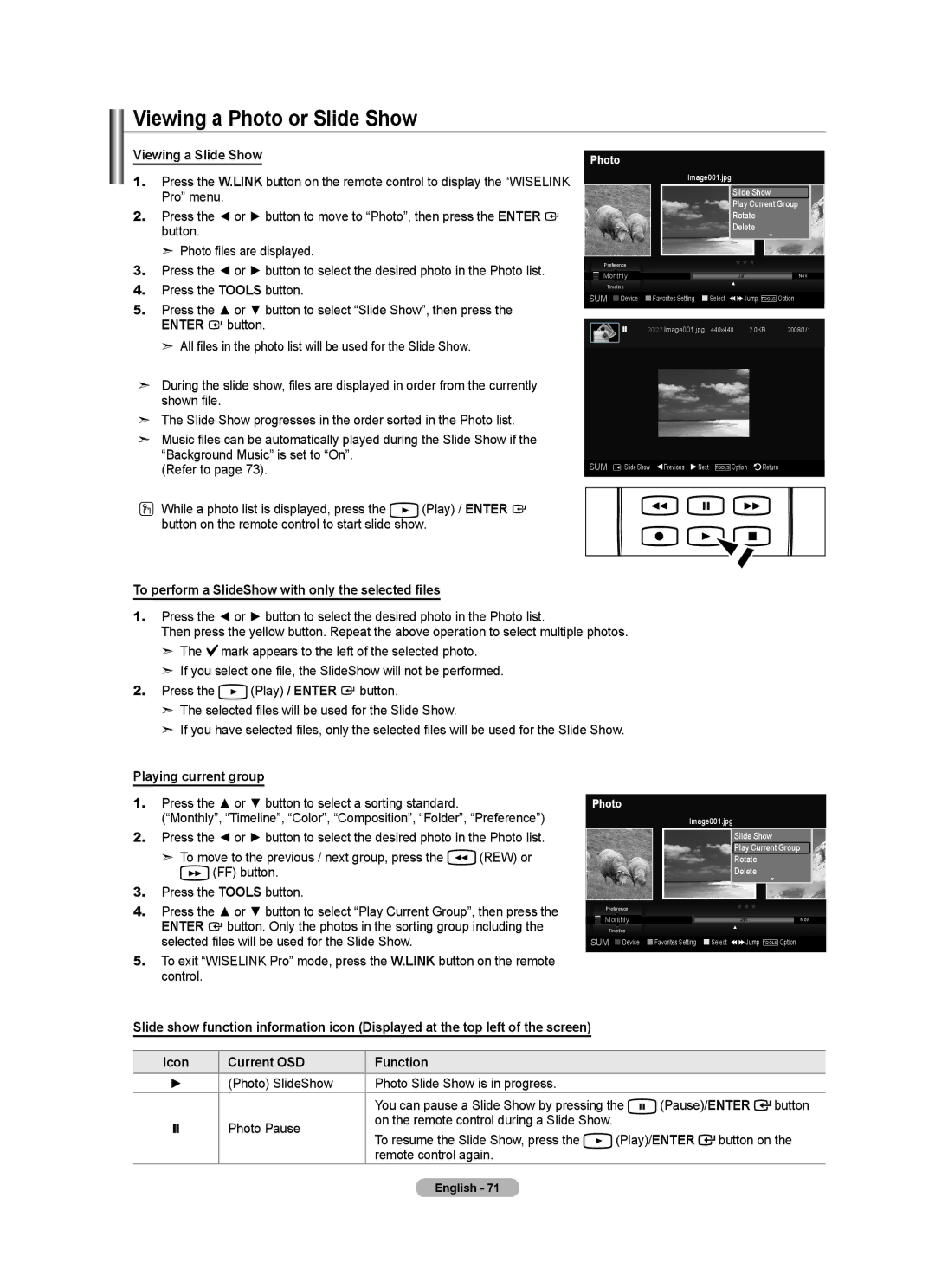 Samsung LN46A750R1F, LN52A750R1F Viewing a Photo or Slide Show, To perform a SlideShow with only the selected files 