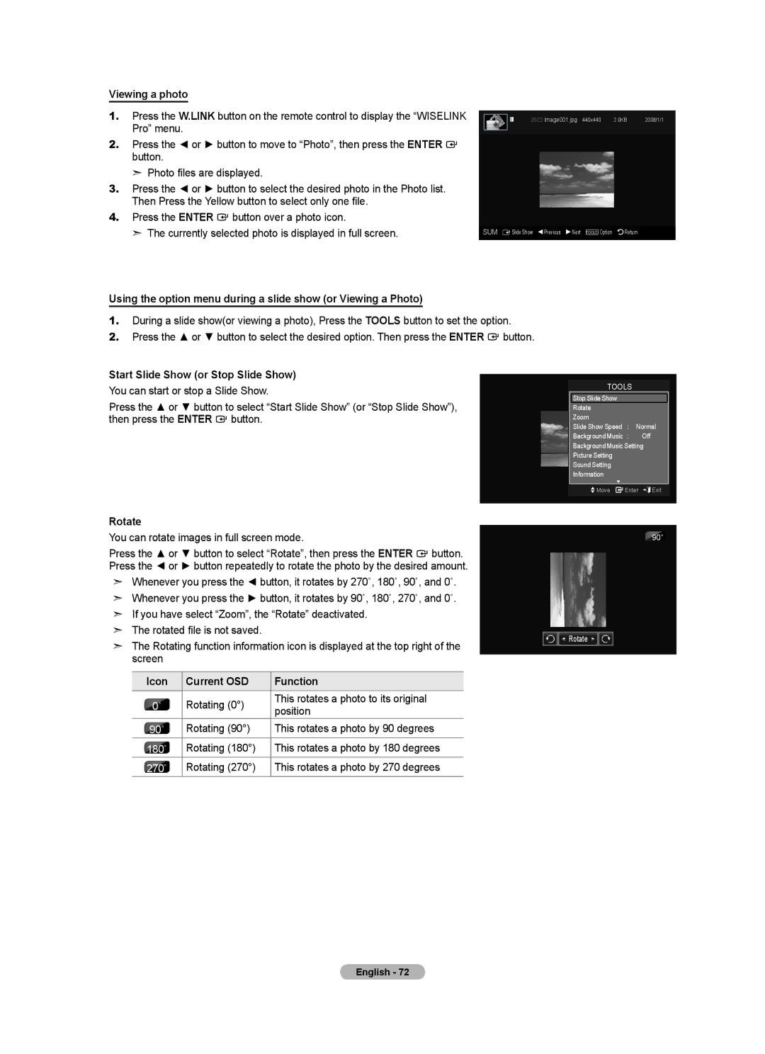 Samsung LN40A750R1F, LN52A750R1F, LN46A750R1F Viewing a photo, Start Slide Show or Stop Slide Show, 90˚ Rotate 