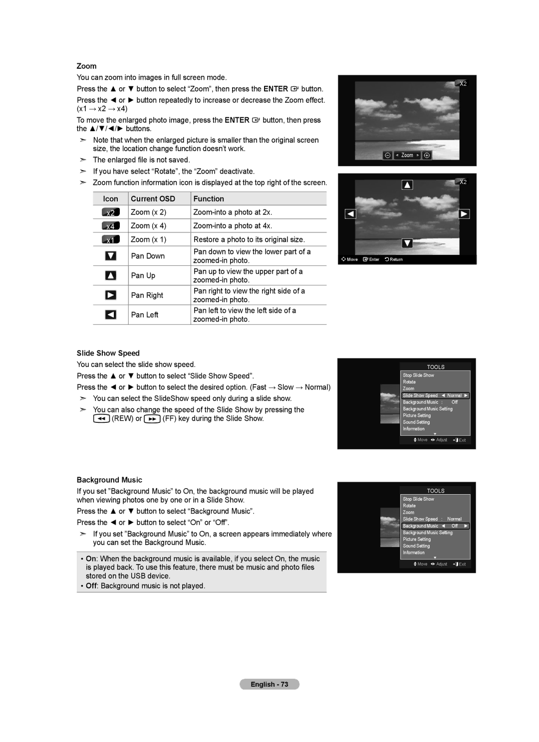 Samsung LN52A750R1F, LN46A750R1F, LN40A750R1F user manual Zoom, Slide Show Speed, Background Music 