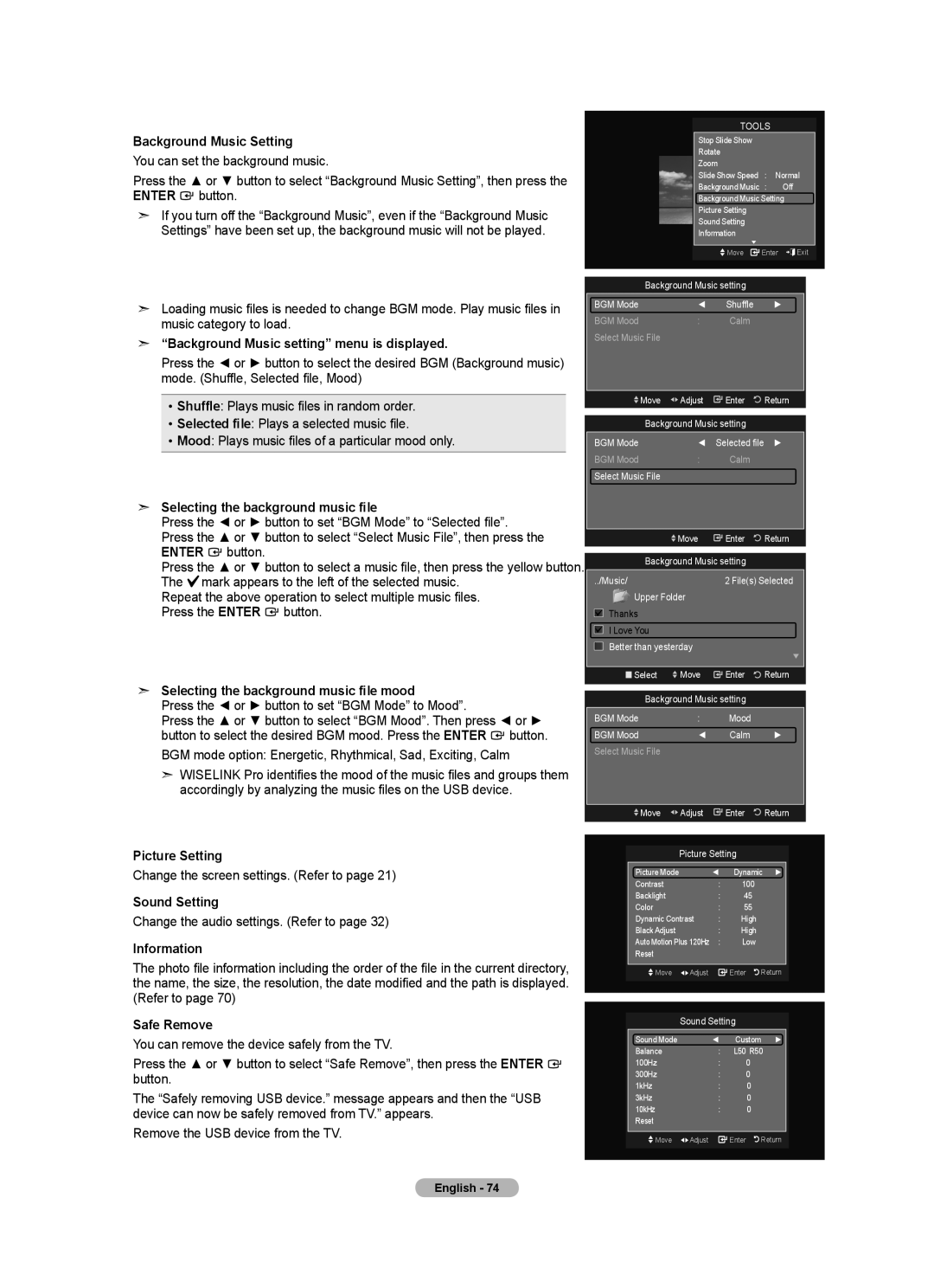 Samsung LN46A750R1F Background Music Setting, Background Music setting menu is displayed, Picture Setting, Sound Setting 